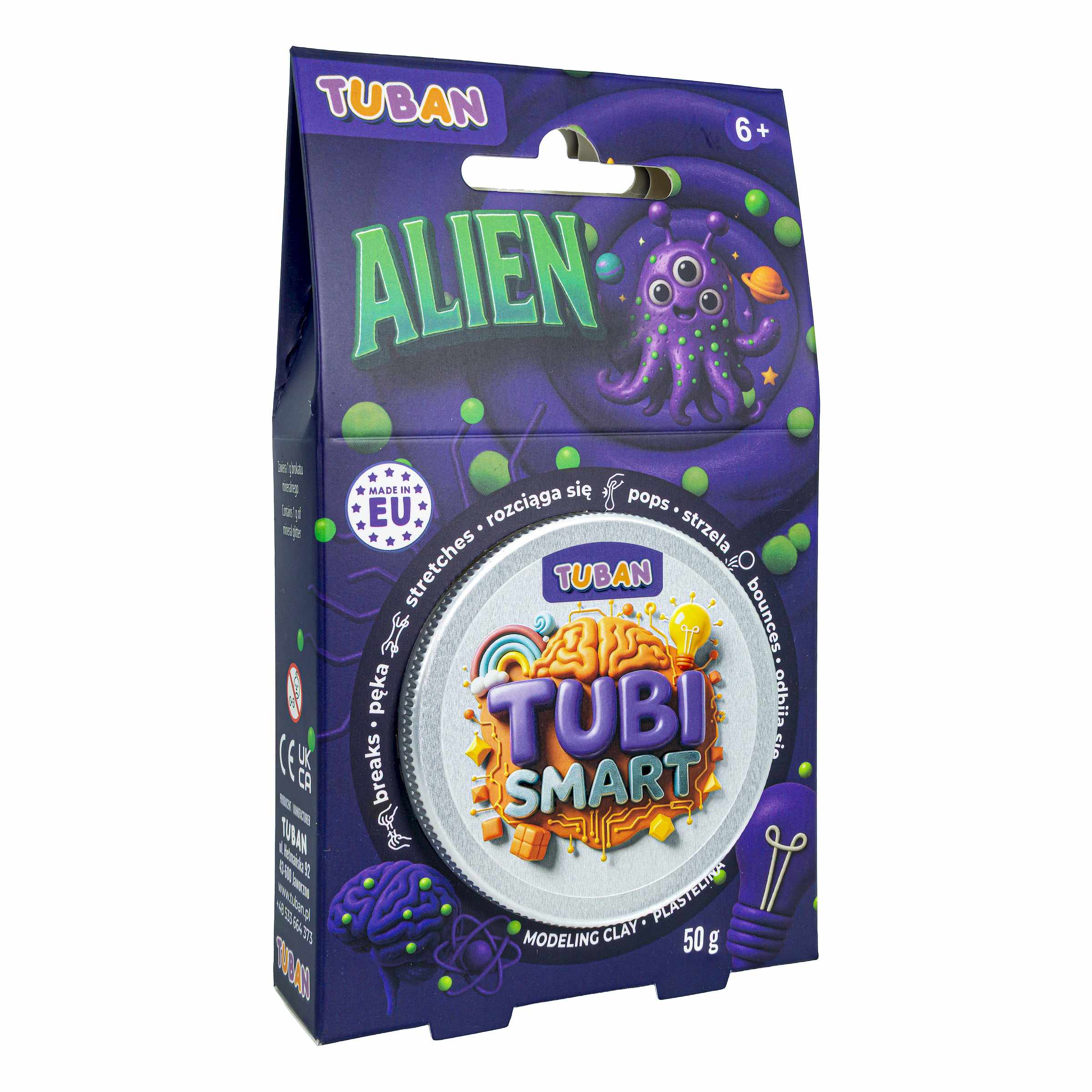 Plastelina sensoryczna Tubi Smart Alien TUBAN w fioletowym kolorze z żółtymi kuleczkami
