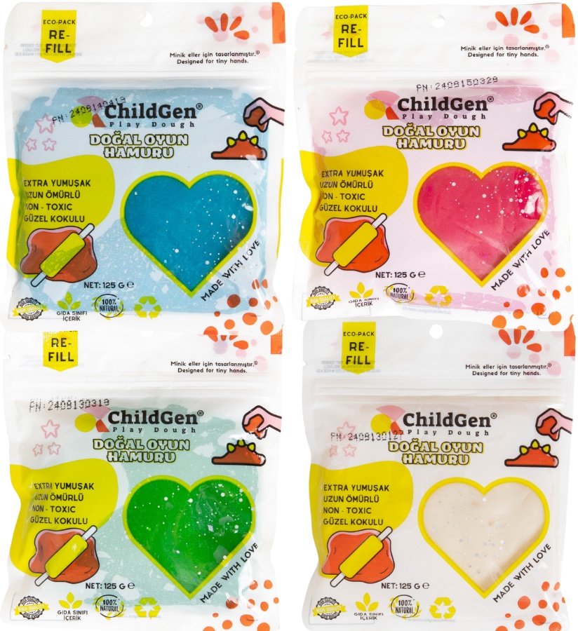 Naturalna ciastolina sensoryczna ChildGen z brokatem w czterech kolorach, w saszetkach uzupełniających