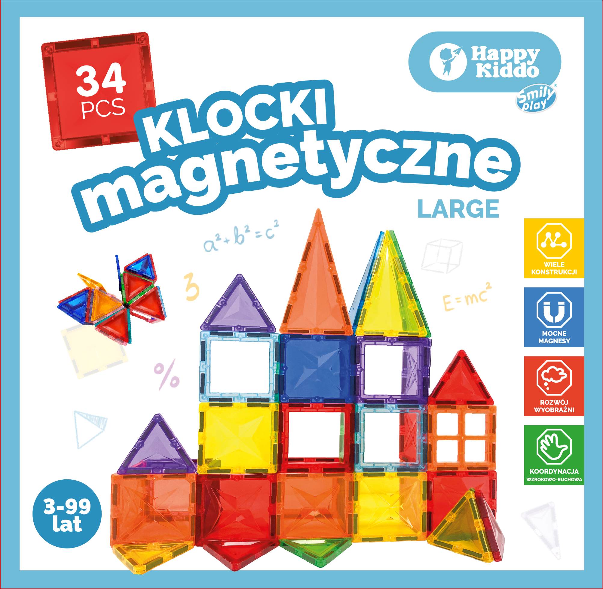 Kolorowe elementy klocków Happy Kiddo do tworzenia zamków, domków i figur geometrycznych