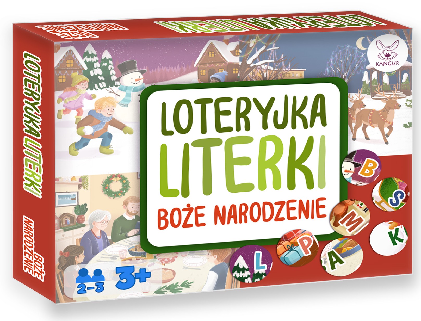 Świąteczna loteryjka literowa KANGUR, plansze z ilustracjami i żetony do nauki alfabetu