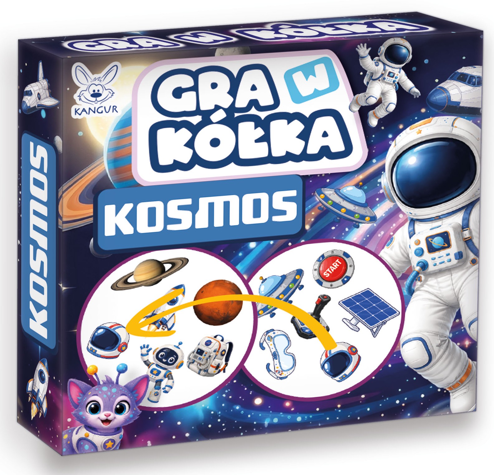 Karty gry Kółka Kosmos KANGUR z podobnymi ilustracjami do porównywania i odnajdywania wspólnego obrazka