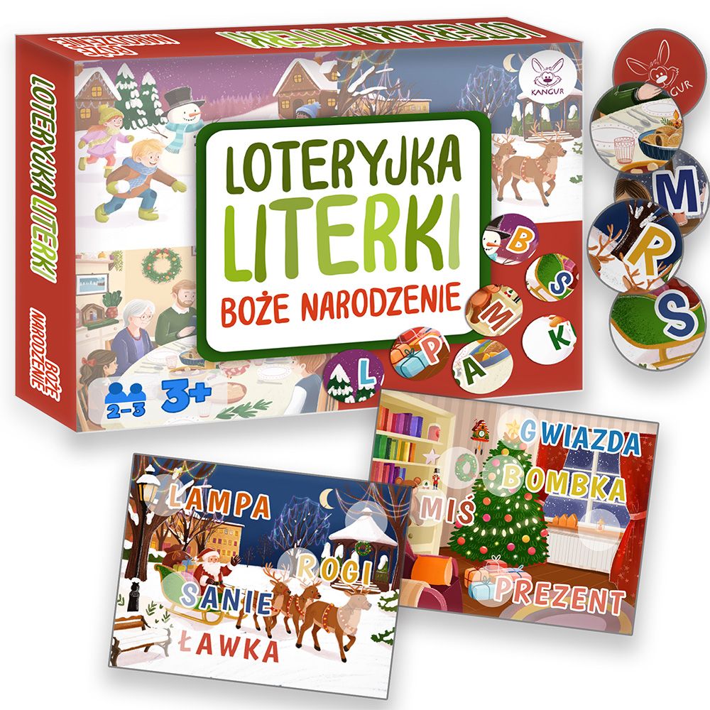 Loteryjka Literki Boże Narodzenie KANGUR, edukacyjna gra z literami i świątecznymi ilustracjami