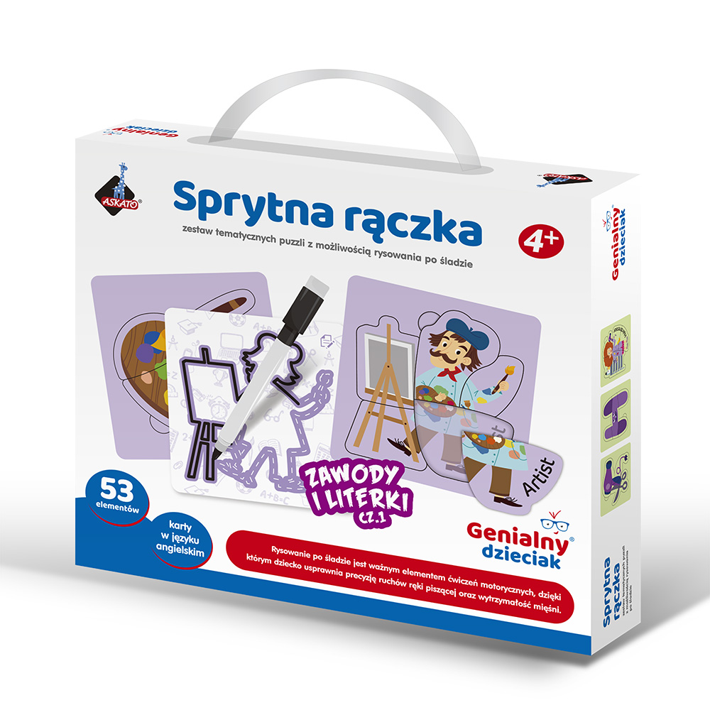 Puzzle edukacyjne Zawody i Literki ASKATO z kartami do rysowania po śladzie i nauki angielskich słówek
