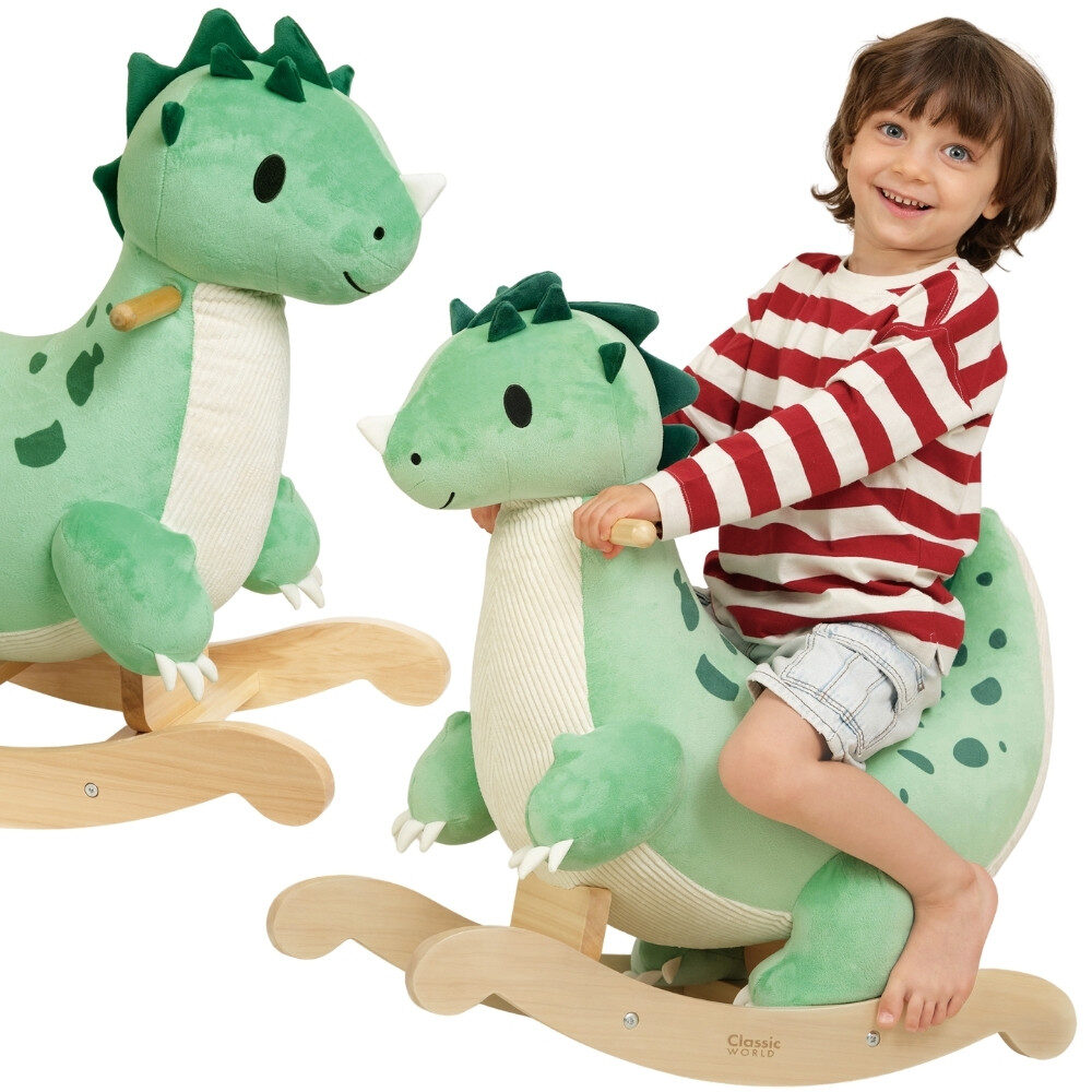 Zielony pluszowo-drewniany bujak Dinozaur na biegunach dla dzieci