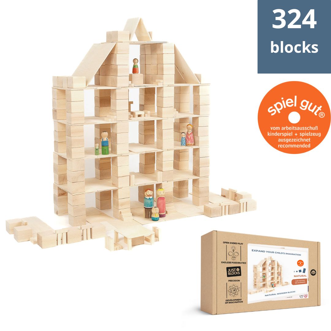 Zestaw 324 klocków drewnianych Just Blocks w różnych kształtach do budowania konstrukcji