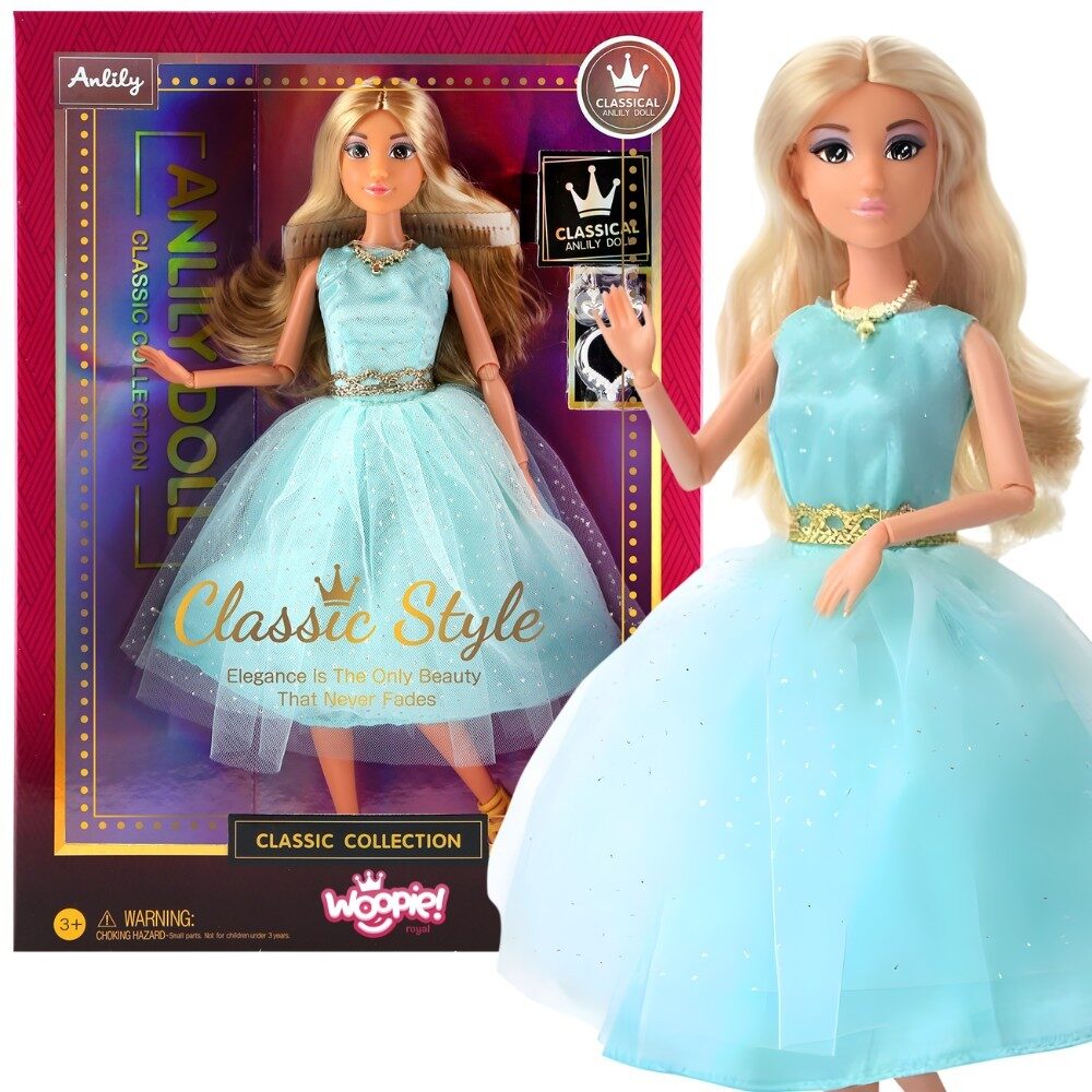 Lalka Woopie Royal Lily 30 cm ubrana w turkusową sukienkę z tiulową spódnicą i złotymi dodatkami