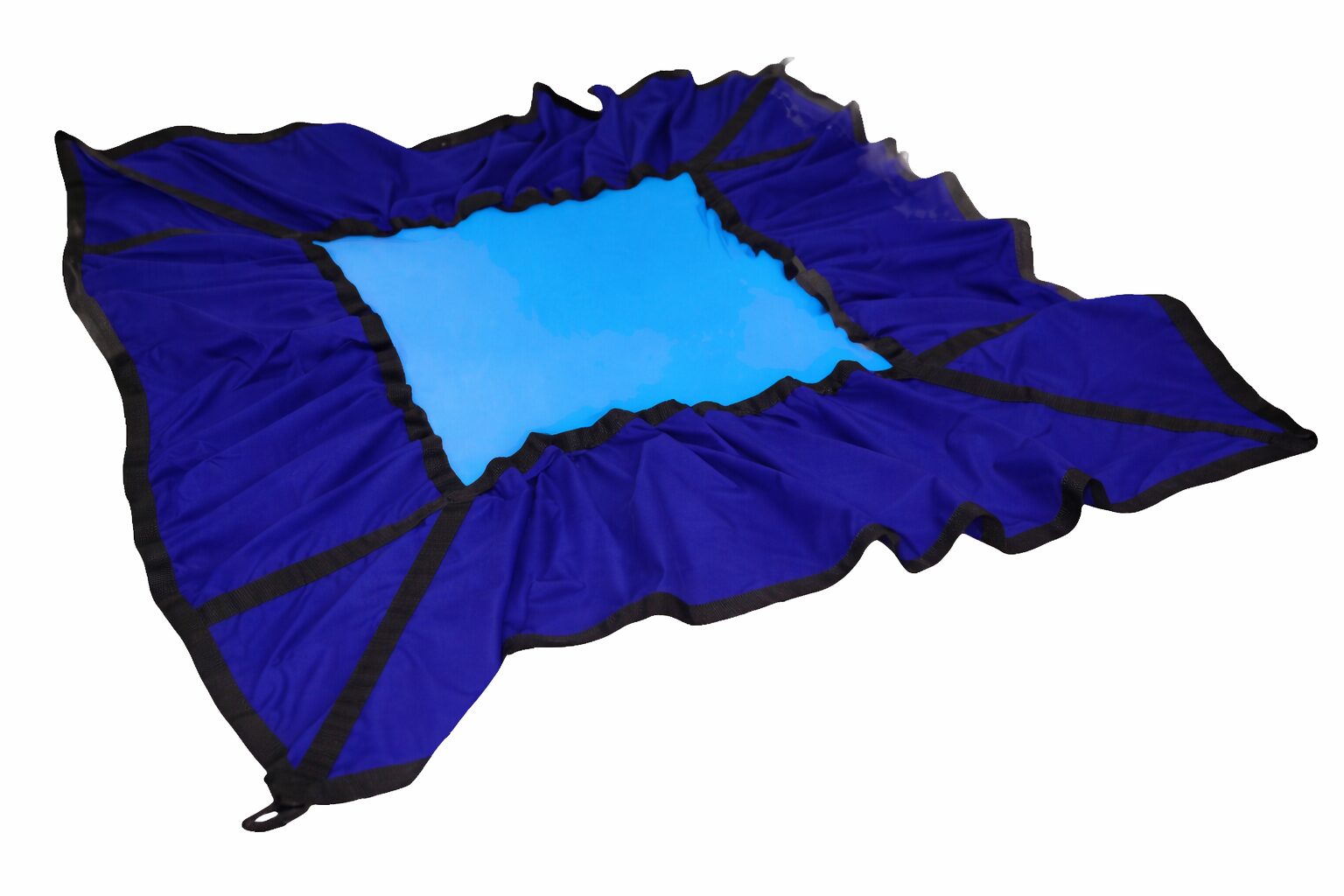 Niebieska trampolina elastyczna z lycry rozpięta na stelażu, widok od góry z zaznaczeniem miejsca mocowania i karabińczyków; wymiary 280×280 cm