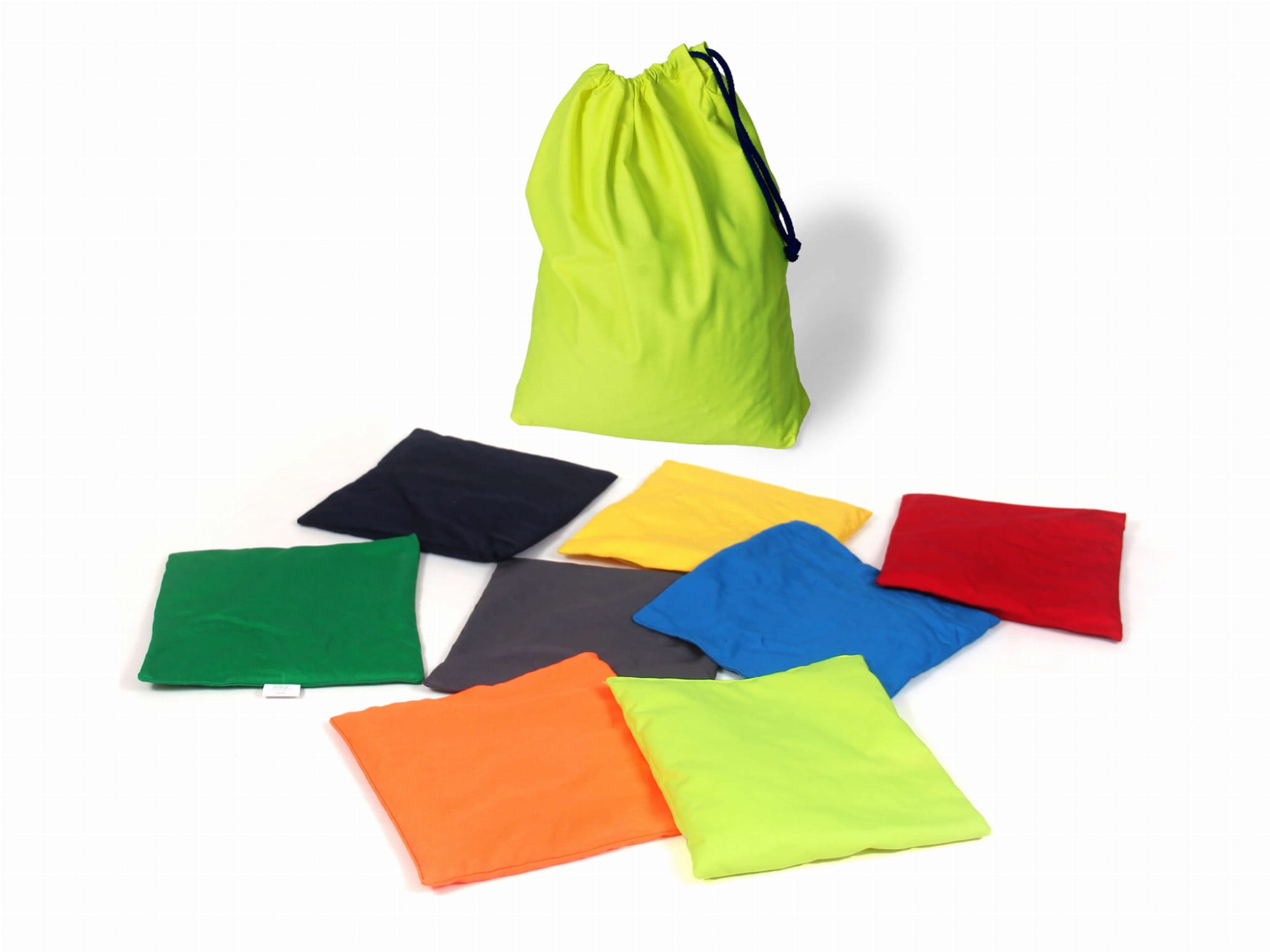 Komplet 8 poduszek sensorycznych 28×28 cm w różnych kolorach, zróżnicowane wypełnienia i neonowy worek