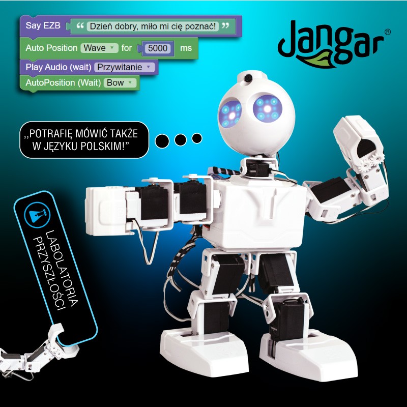 Humanoidalny robot JANGAR z kamerą, oczami RGB i ruchomymi elementami