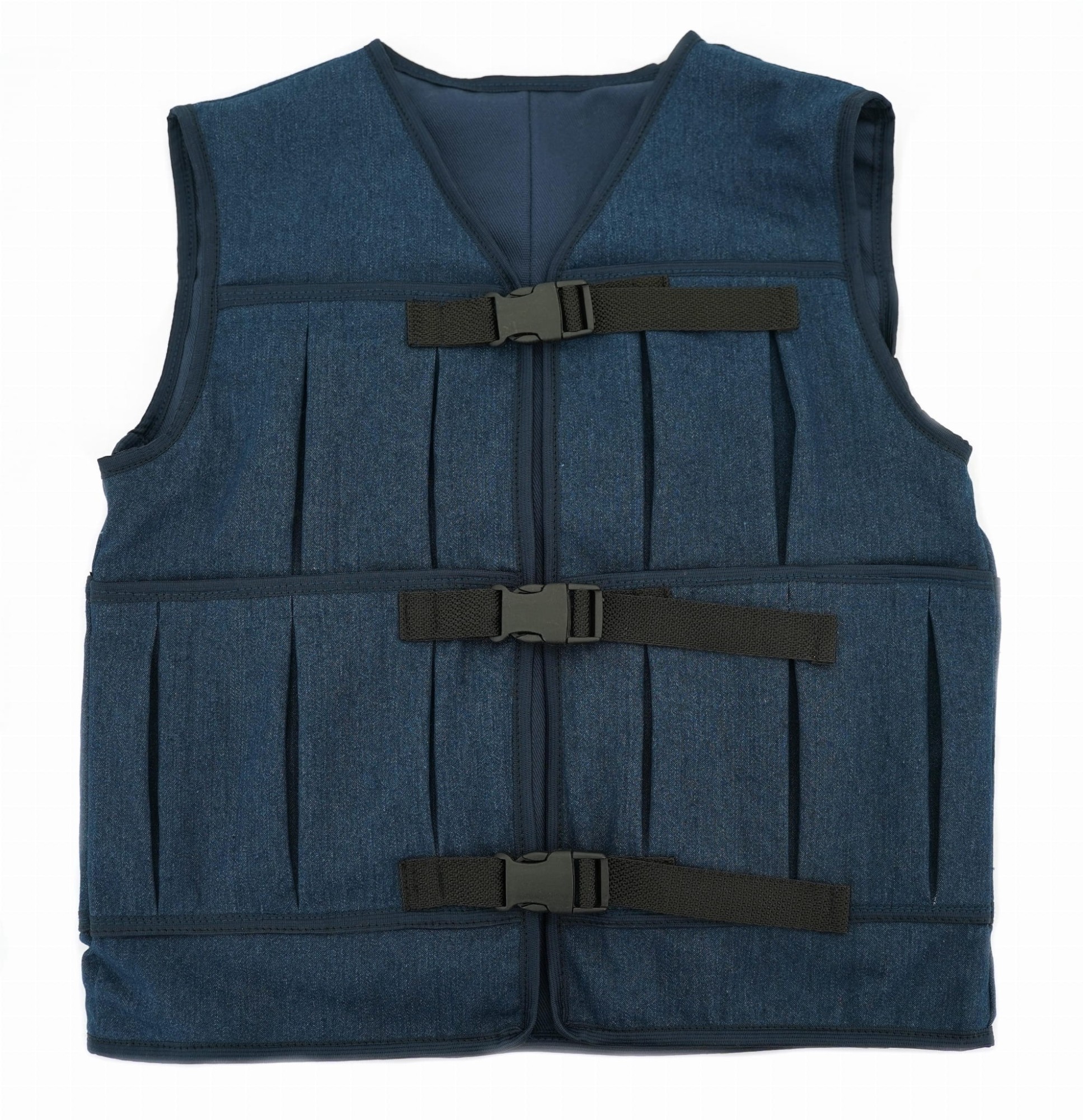Kamizelka obciążeniowa jeans przód z widocznymi zewnętrznymi kieszeniami na woreczki i ściągaczami