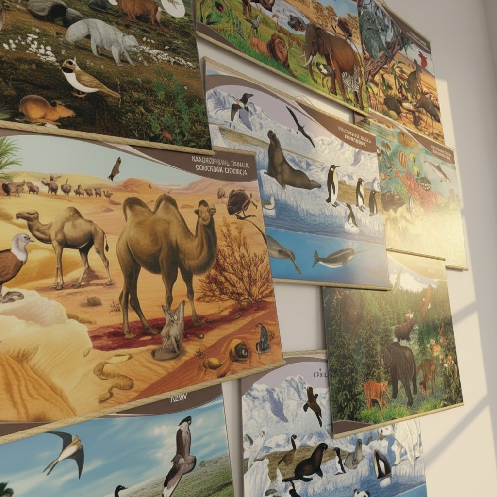 Fragment planszy edukacyjnej Krajobrazy Świata z detalami krajobrazu i opisami, przeznaczona do pracy z klasą, 130 × 90 cm