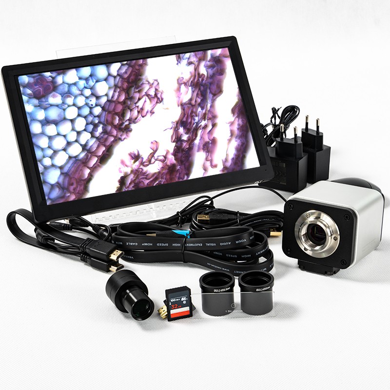 Kamera UHD-4K Lite widoczna z przodu wraz z dołączonym ekranem 11.6 cala i przewodem HDMI, ujęcie robocze ukazujące interfejsy