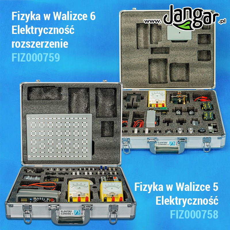 Dwie aluminiowe walizki otwarte: wnętrze z gąbką z wyciętymi gniazdami i elementami zestawu do elektryczności