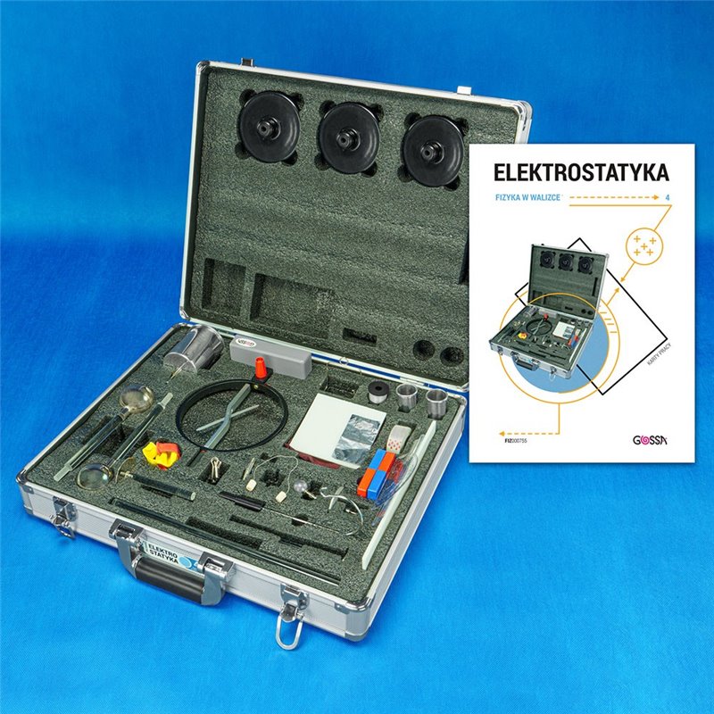 Otwarte wnętrze aluminiowej walizki z kompletem przyrządów do eksperymentów z elektrostatyki; elementy zabezpieczone gąbką