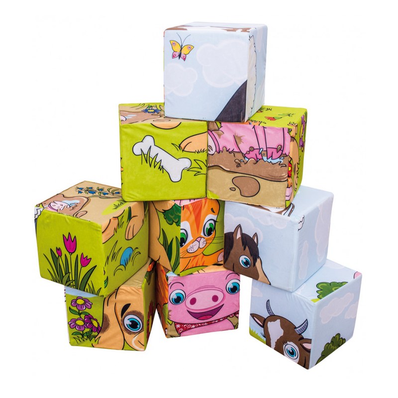 Zbliżenie na pojedynczą piankową kostkę 30 × 30 × 30 cm z nadrukiem na powierzchni; materiał powierzchni to 100% poliester