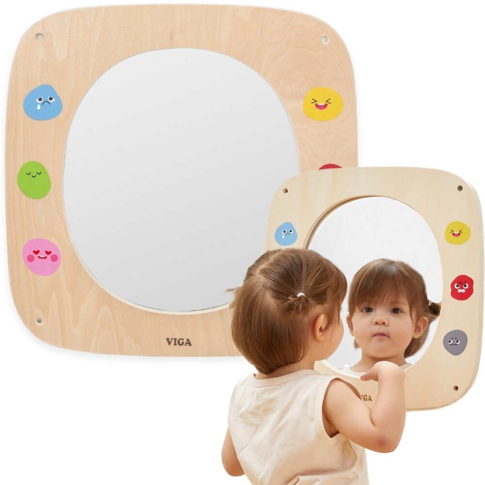 Drewniana tablica VIGA z lustrem i sześcioma kolorowymi emotkami do nauki emocji