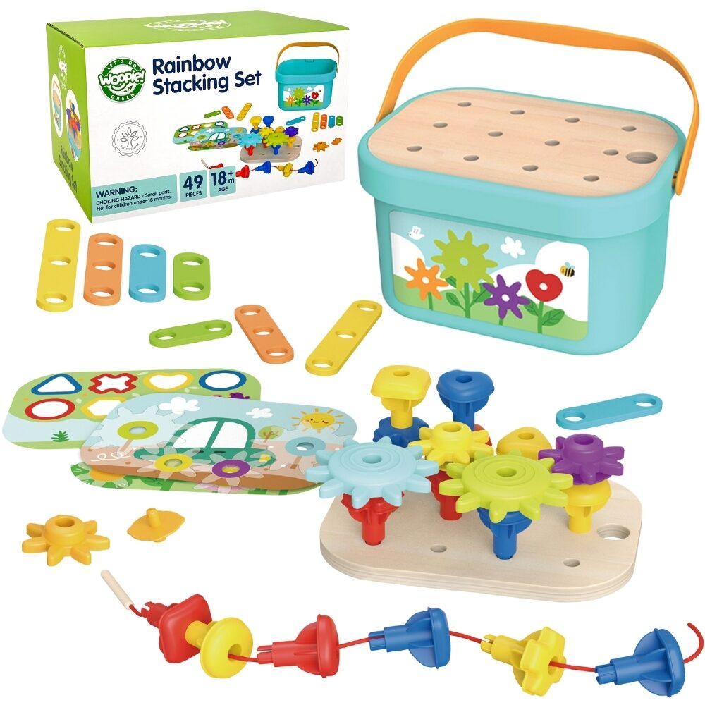 Drewniany Motoryczny BOX Montessori 12w1 z 49 elementami do ćwiczeń manualnych i konstrukcji