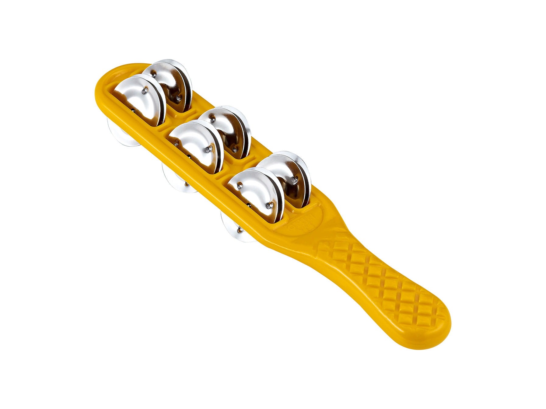 Żółte dzwonki ręczne JINGLE STICKS z niklowo-srebrnymi dzwonkami na plastikowej ramce