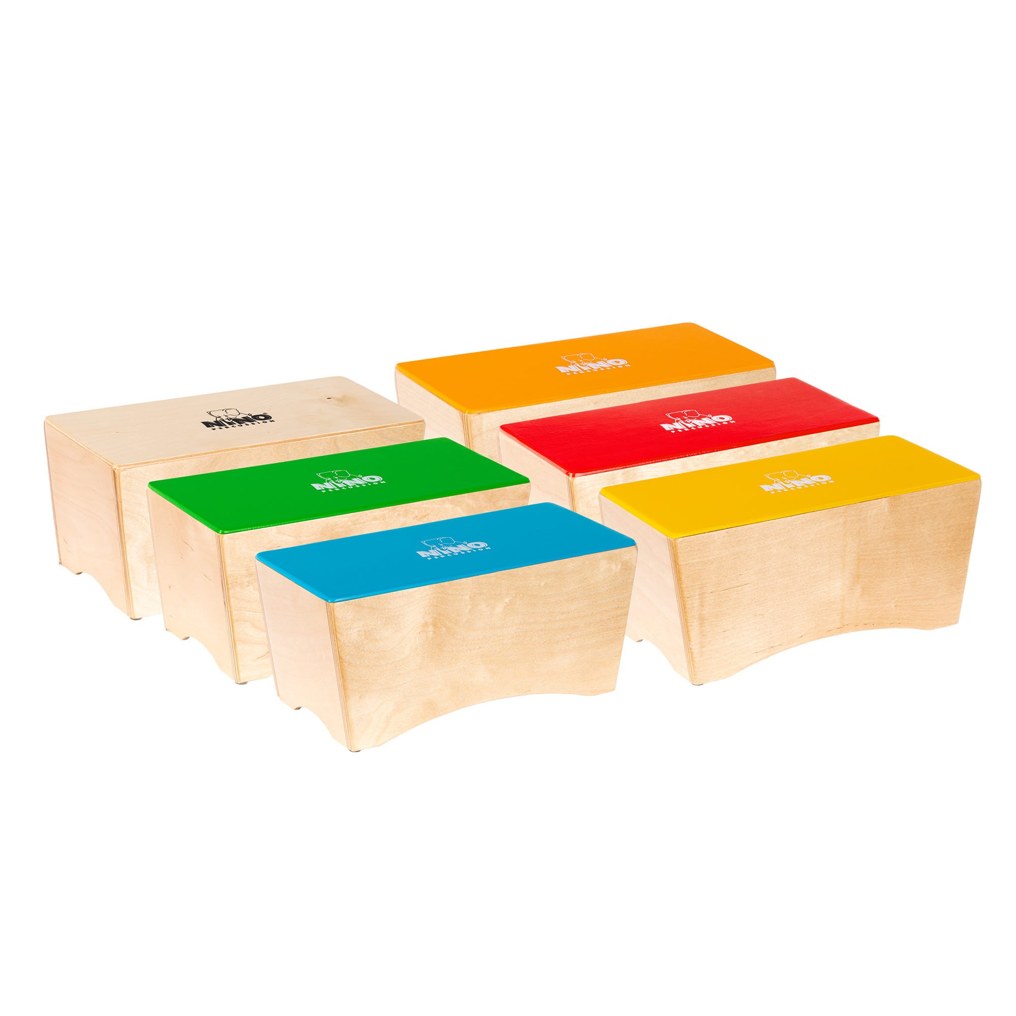 Zestaw 6 kolorowych bongo cajon o wymiarach 30,5 x 14 x 12,4 cm z brzozy bałtyckiej