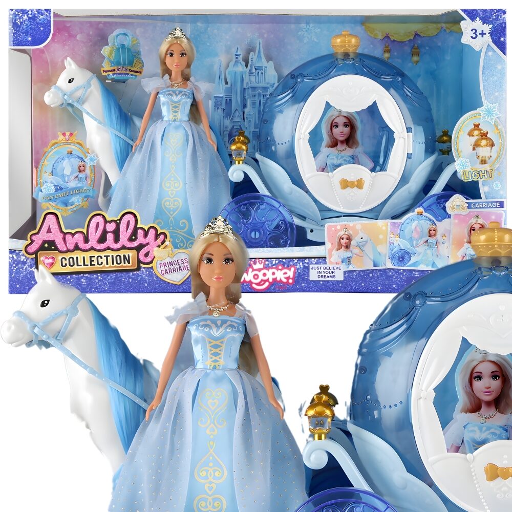 Lalka Lodowa Księżniczka Lily w błękitnej sukni z magicznym powozem na tle jasnym