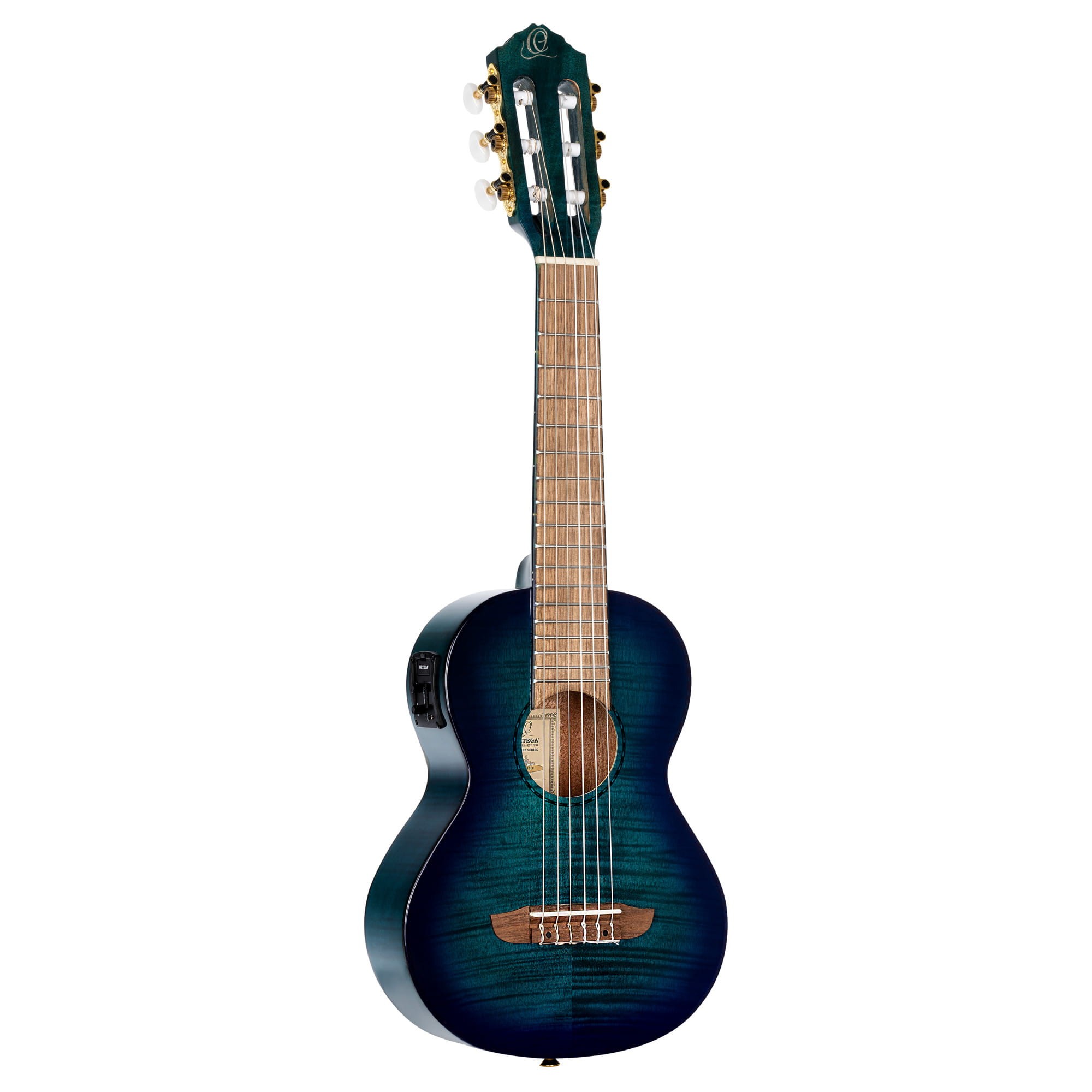 Guitarlele Ortega z elektroniką widok całego instrumentu na naturalnym tle
