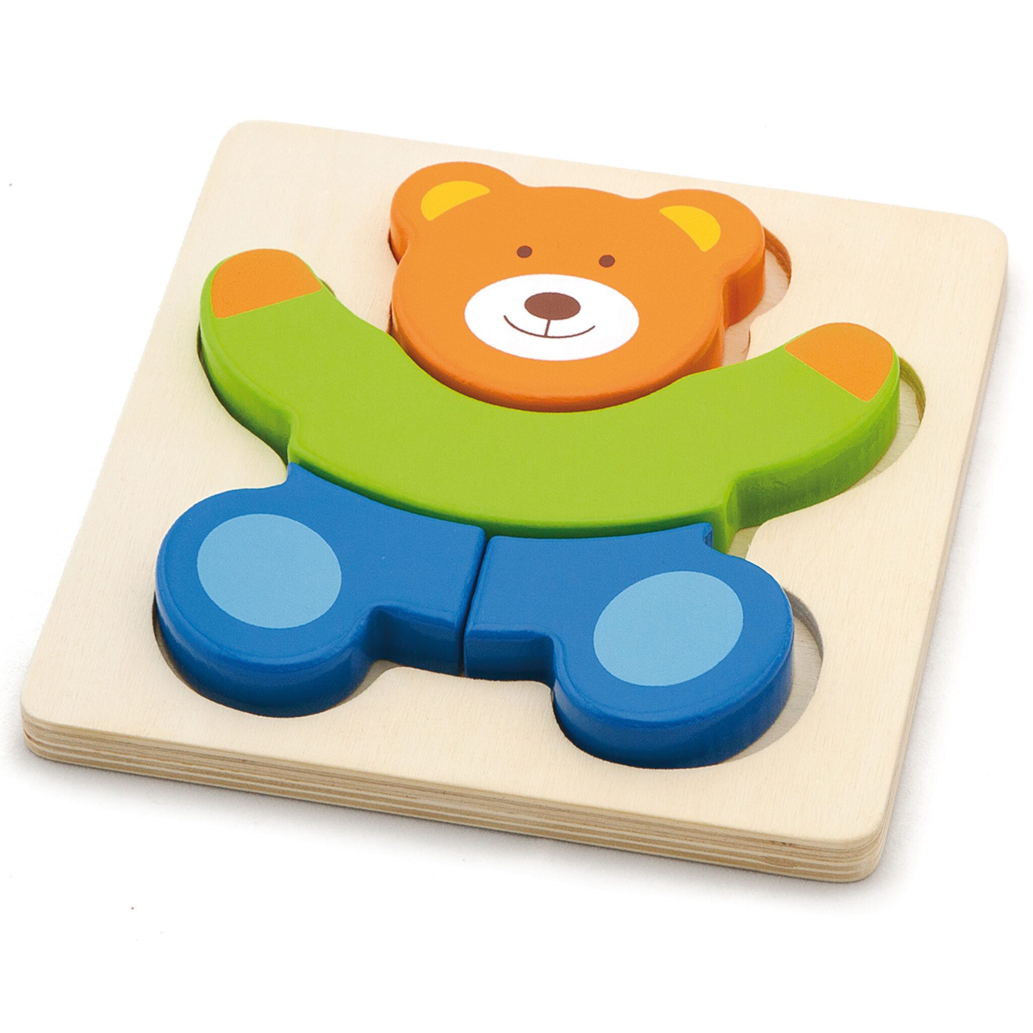 drewniane puzzle maluszka Miś z 4 kolorowymi elementami na podstawce