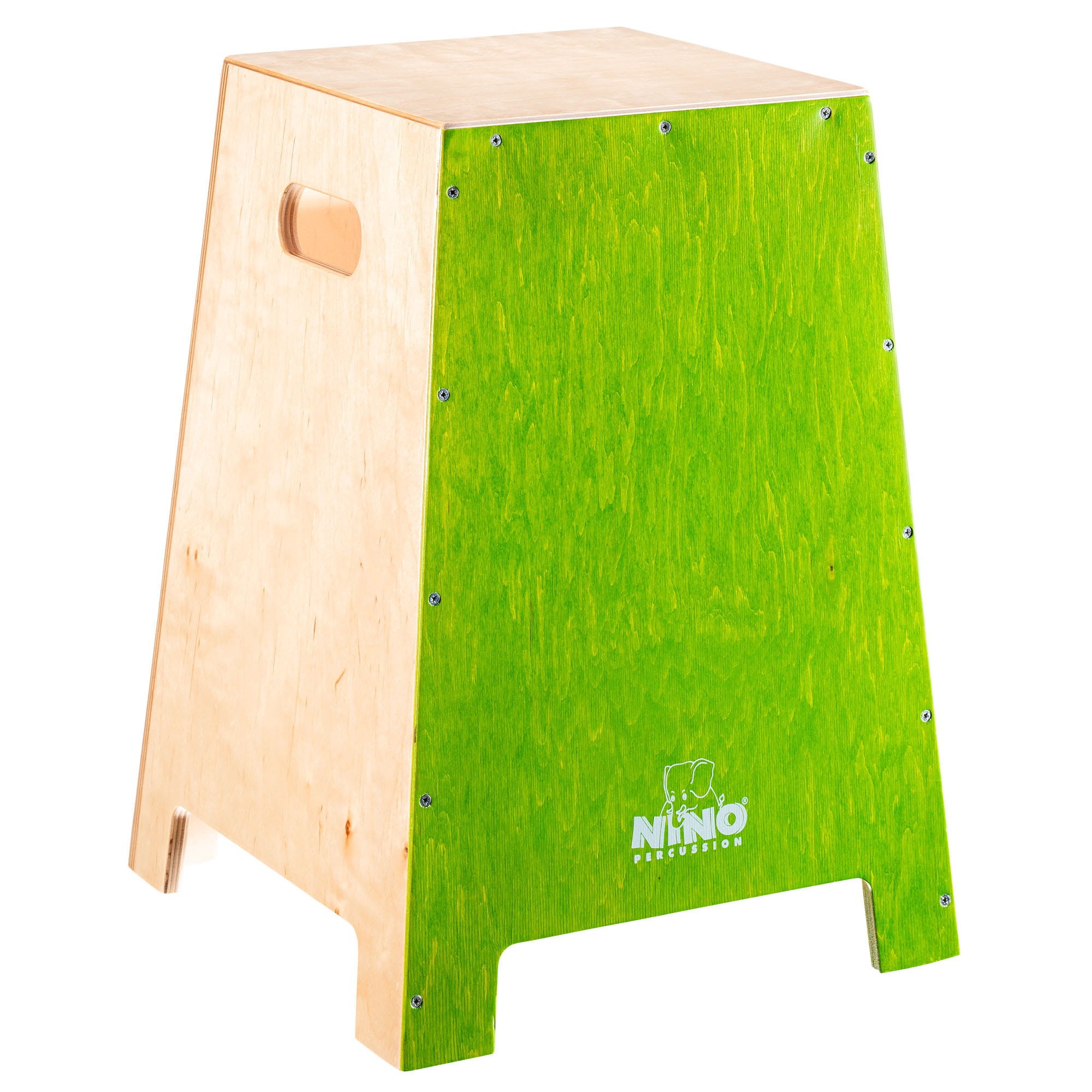Duży zielono-naturalny cajon NINO991GR z widocznymi stalowymi strunami werblowymi