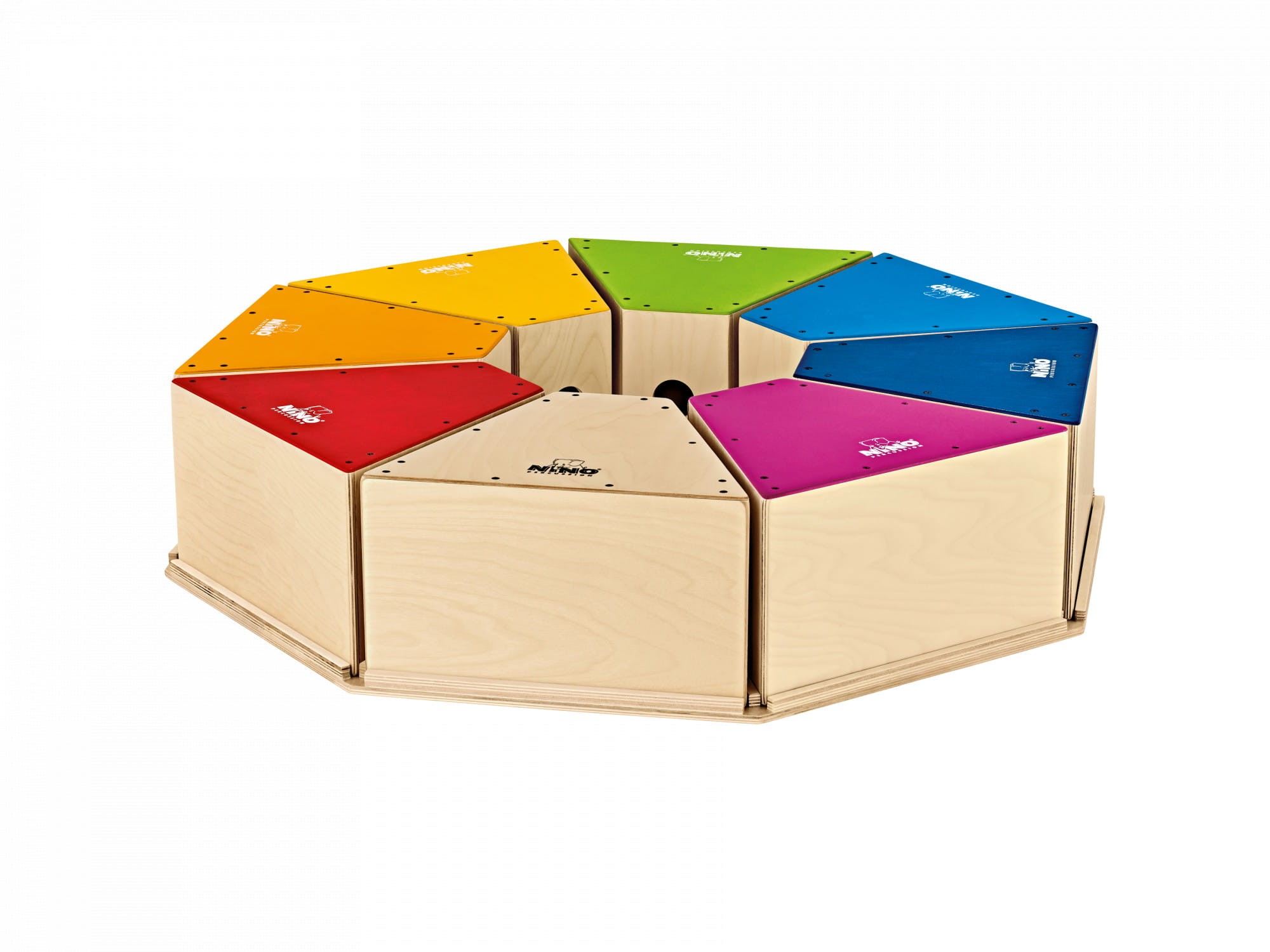 Zestaw 8 kolorowych cajonów NINO DeLuxe Class Room ułożonych w okrąg na drewnianej podstawie