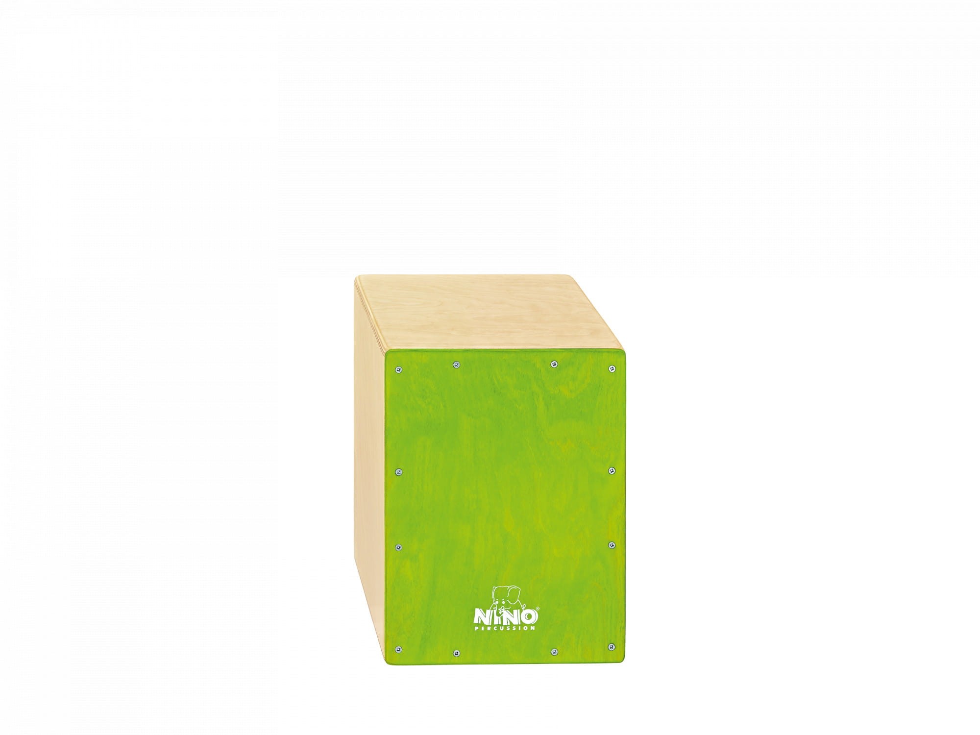 Cajon dziecięcy NINO950GR z brzozy z zielonym panelem i białym logo NINO