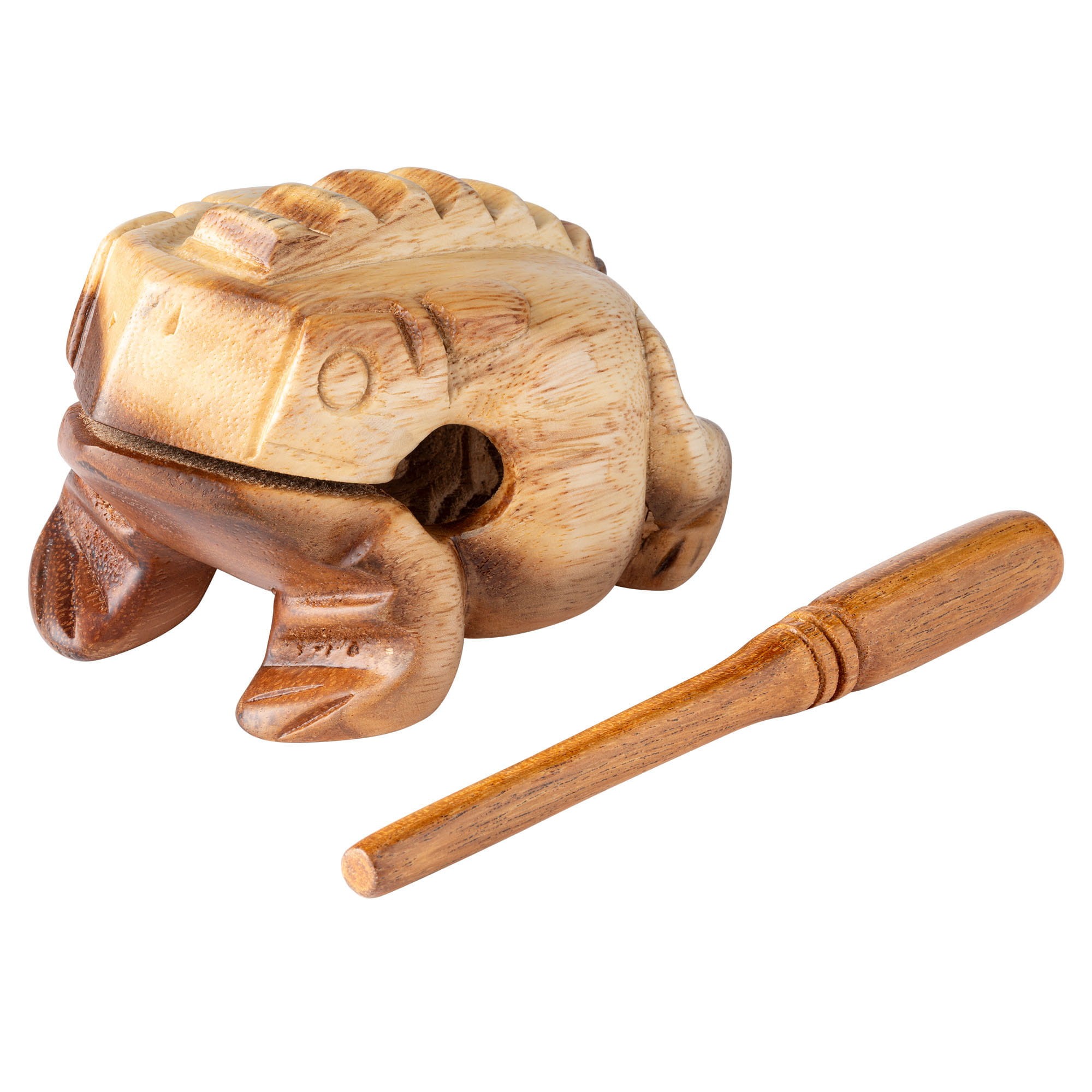 Guiro drewniana żaba duża 13x8x9 cm naturalne drewno z pałeczką do gry