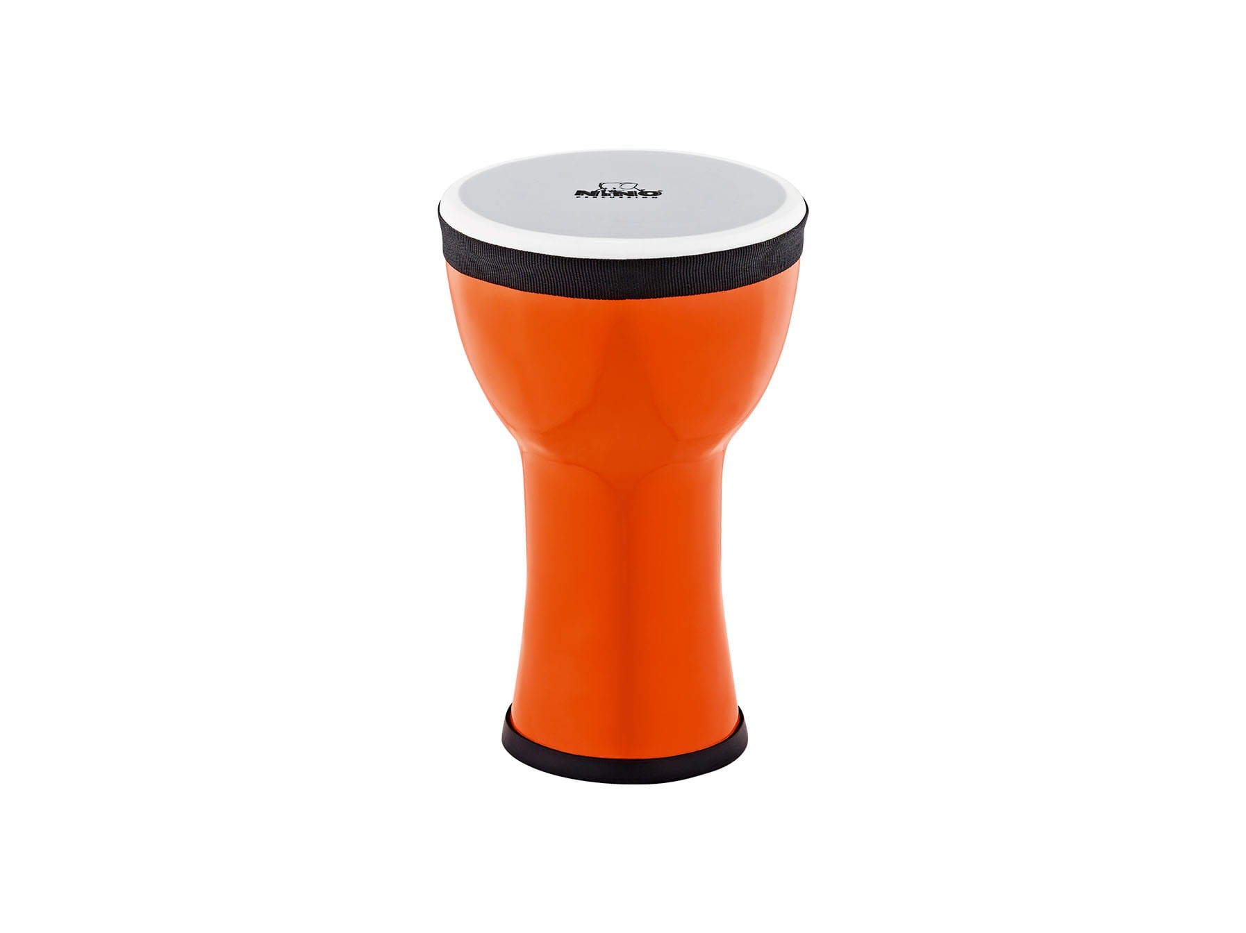 Mini djembe 6 cali w kolorze mandarynka na białym tle z widoczną syntetyczną powłoką