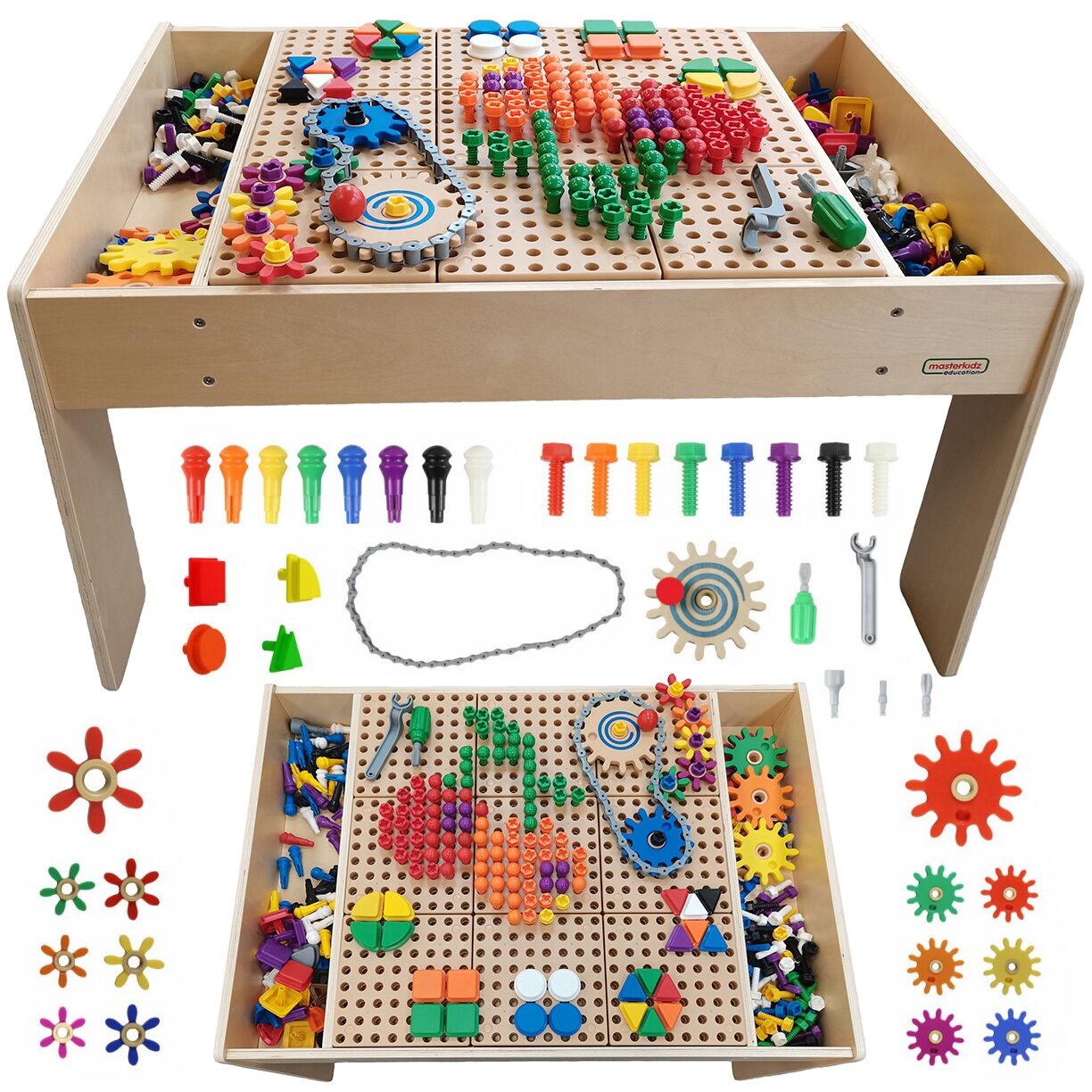 Drewniany stół edukacyjny Masterkidz z panelem 63x63 cm i kolorowymi akcesoriami STEM WALL
