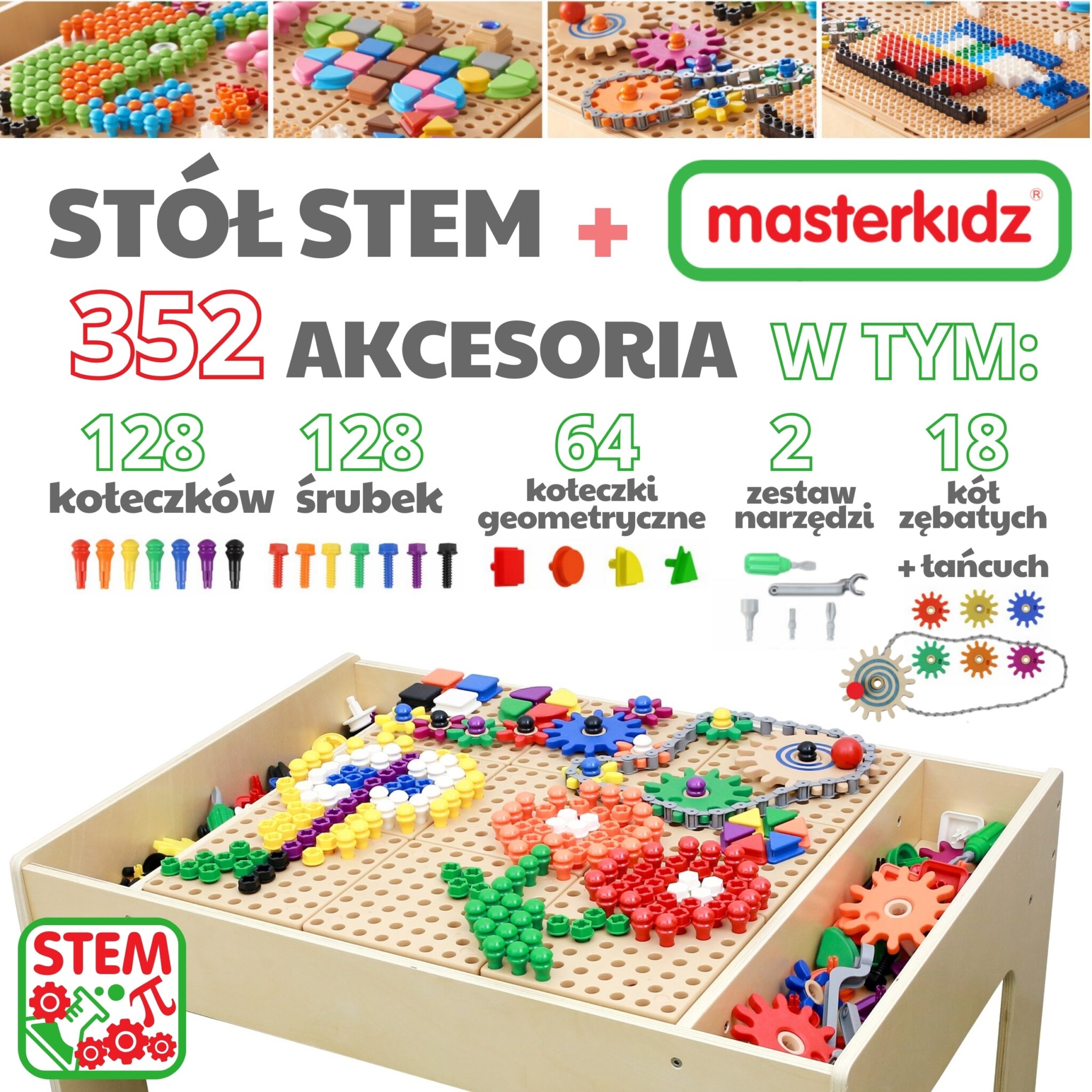 Panel edukacyjny stolika Masterkidz z otworami na kołeczki, śrubki i koła zębate