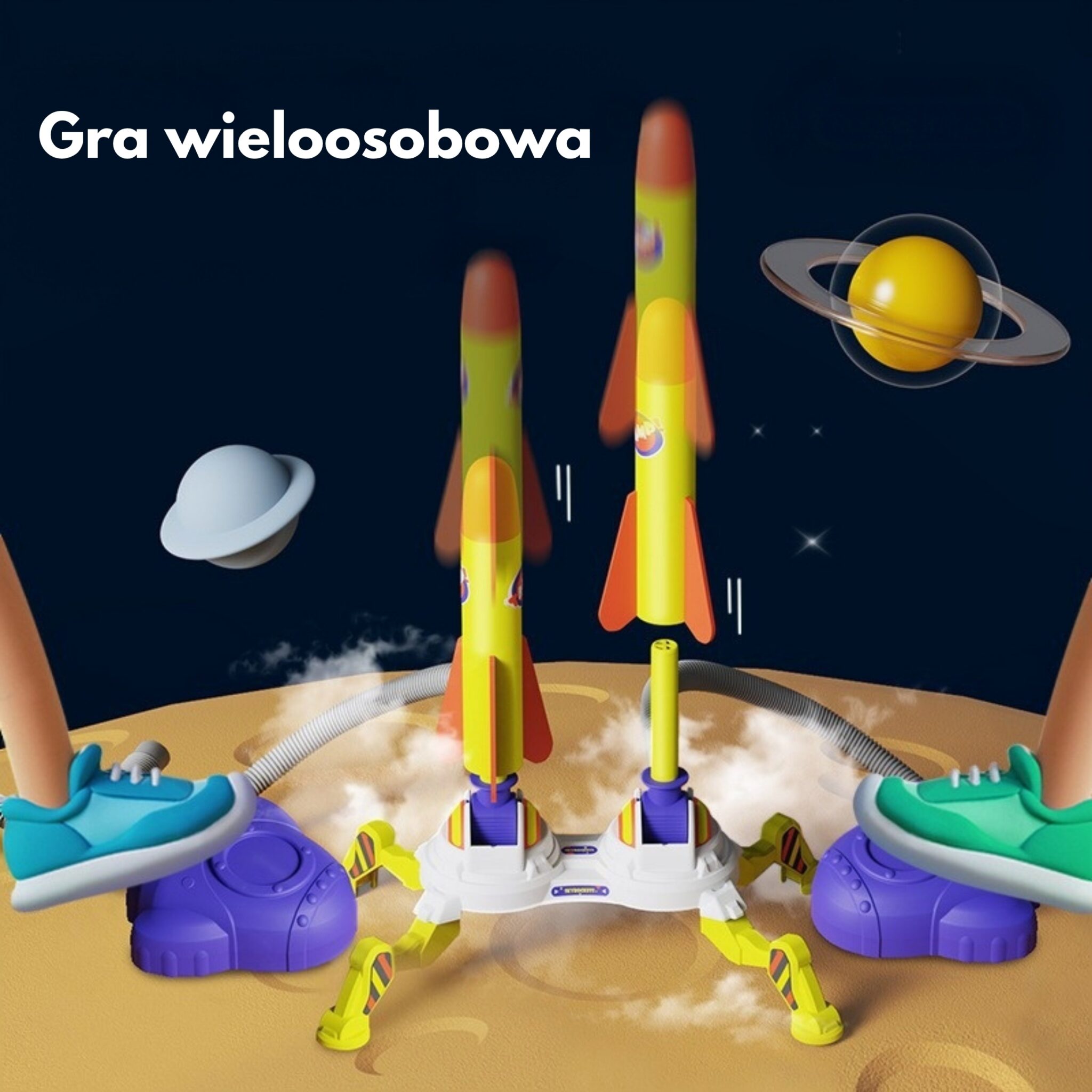 Zestaw WOOPIE z podwójną wyrzutnią i świecącymi rakietami piankowymi w trakcie zabawy