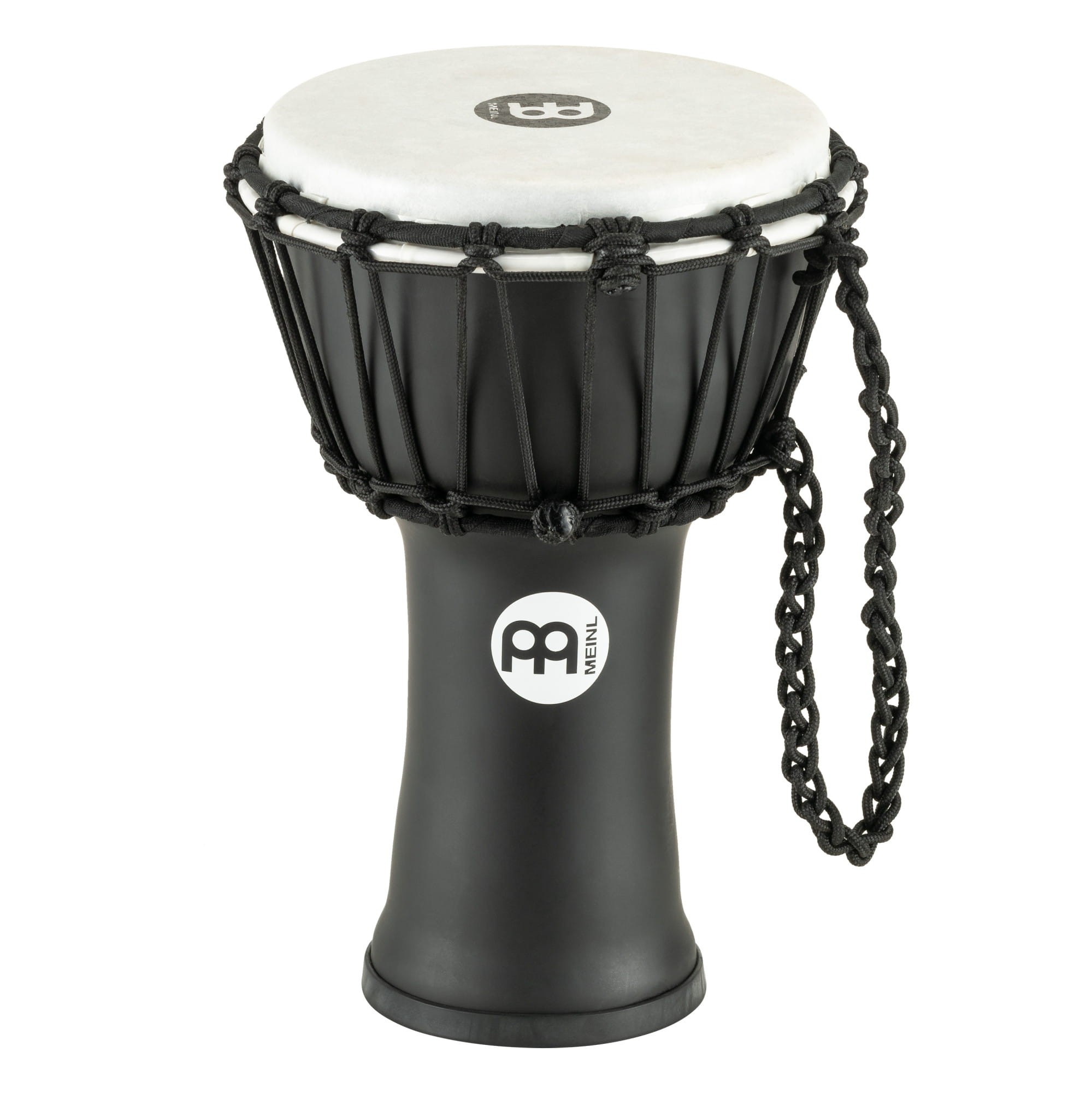 Czarne syntetyczne djembe o średnicy 17,5 cm i wysokości 31 cm na białym tle