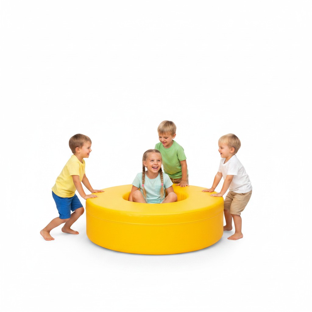 Duże koło piankowe Ø 120 × 30 cm z otworem Ø 60 cm ustawione w sali zabaw; trwała pianka, łatwe czyszczenie