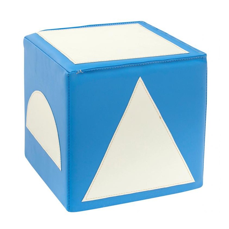 Piankowa kostka edukacyjna Kształty — każdy bok ma inną figurę geometryczną, format 30×30×30 cm, obszyta trwałą ekoskórą