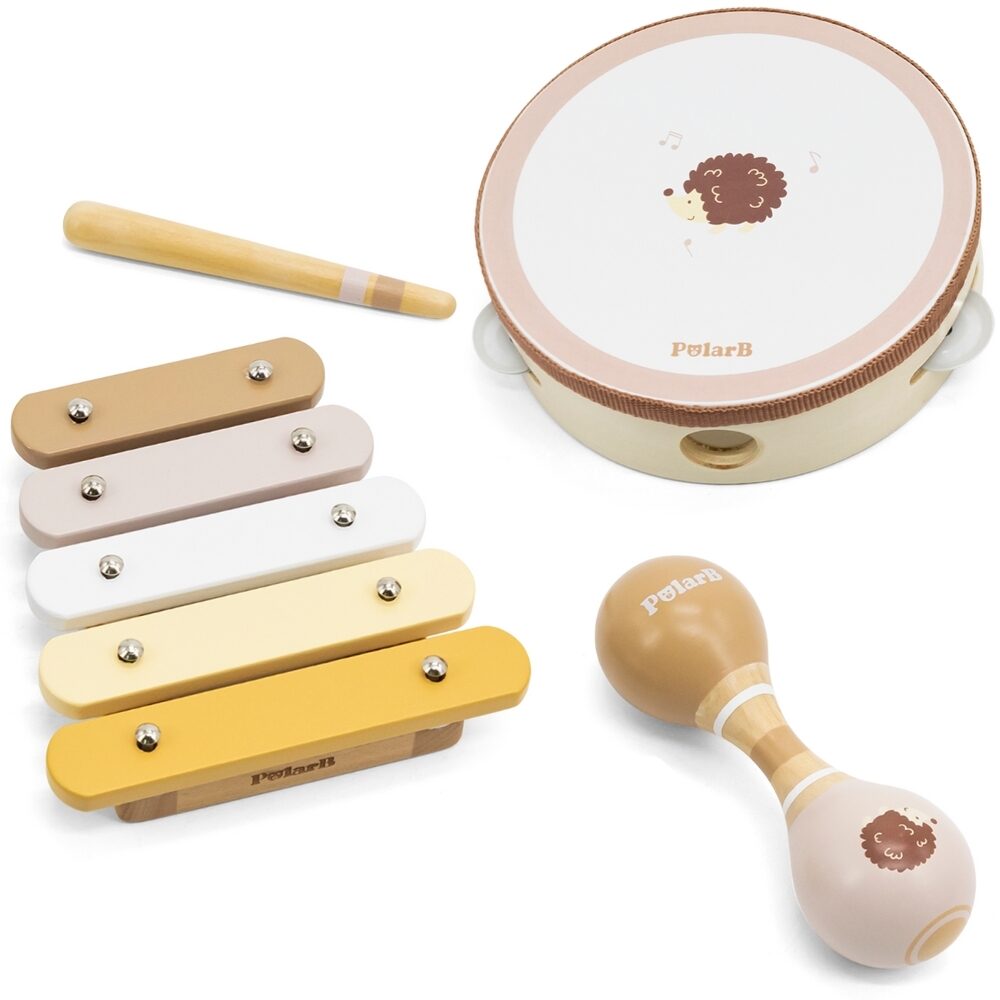 Zestaw instrumentów muzycznych VIGA PolarB z jeżykiem - widok instrumentów z drewna w pastelowych kolorach