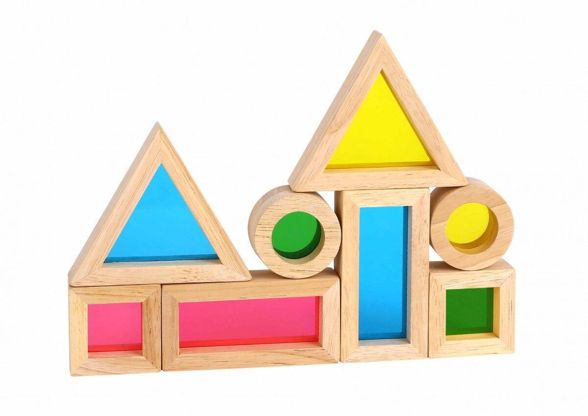 Kolorowe klocki lustra TOOKY TOY wykonane z drewna i przezroczystych kolorowych elementów