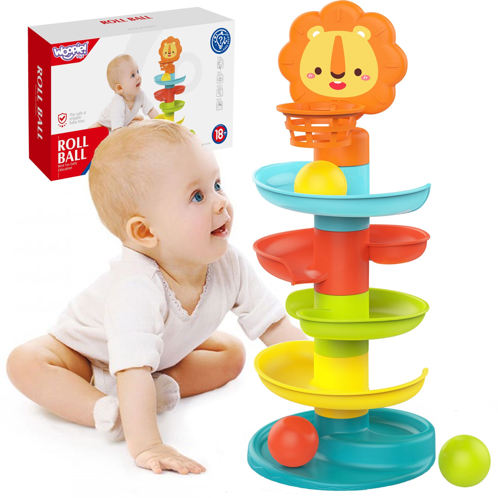 Kolorowy tor zjeżdżalnia WOOPIE BABY z piłeczkami i figurką lwa na górze