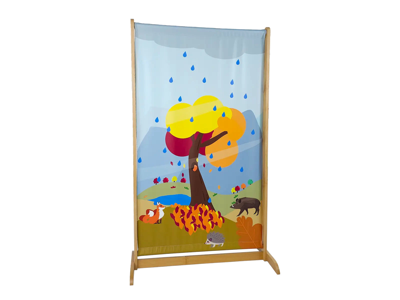 Parawan JESIEŃ - ZIMA: widok z przodu na drewnianym stojaku, dwustronny panel z kolorowym nadrukiem, rozmiar 92 × 39,5 × 154 cm