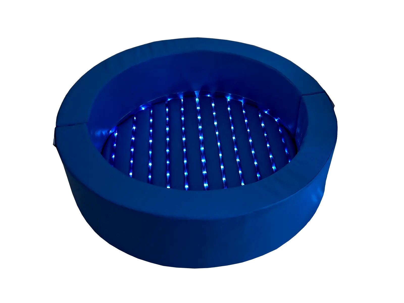 Detal dna podświetlanego basenu: materac 5 cm i efekt LED, ekoskóra i piłeczki o średnicy 7 cm