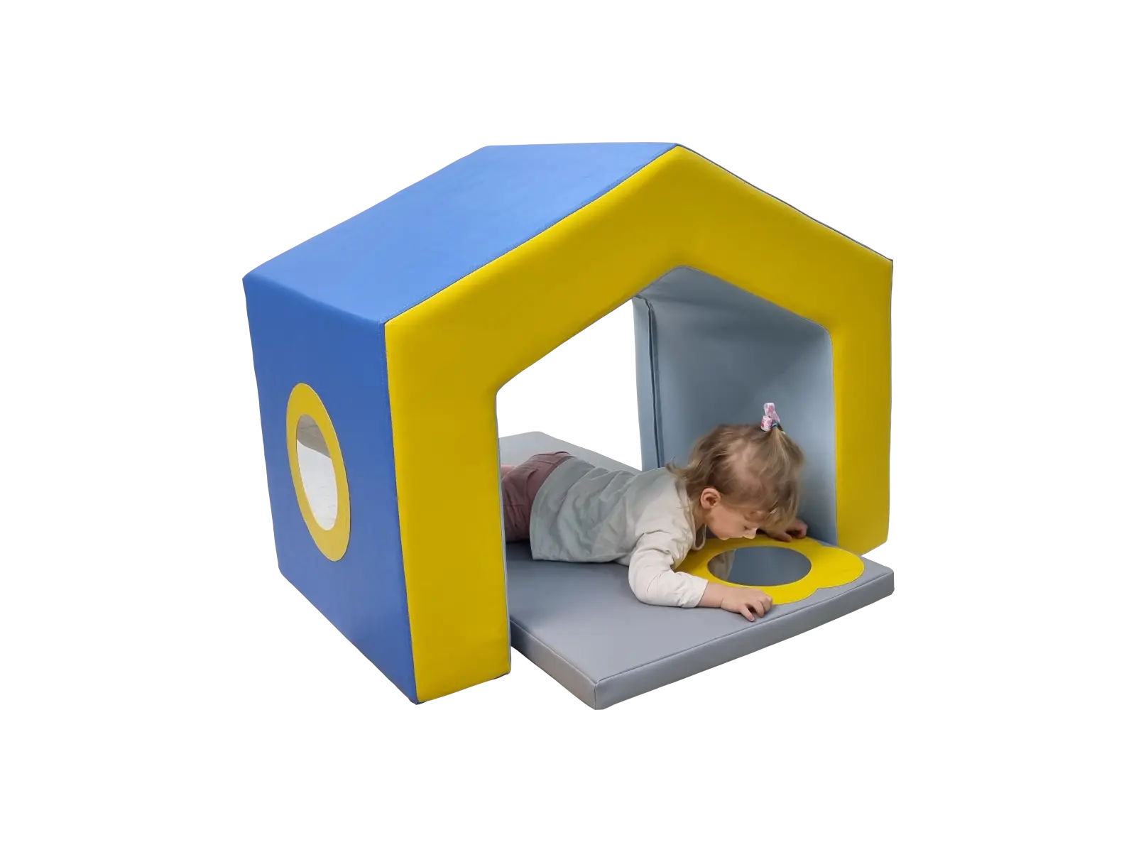 Tunel piankowy DOMEK widok ogólny; konstrukcja 92 × 60 × 74 cm z materacem 120 × 60 × 5 cm, pokrowiec PCV łatwy w dezynfekcji