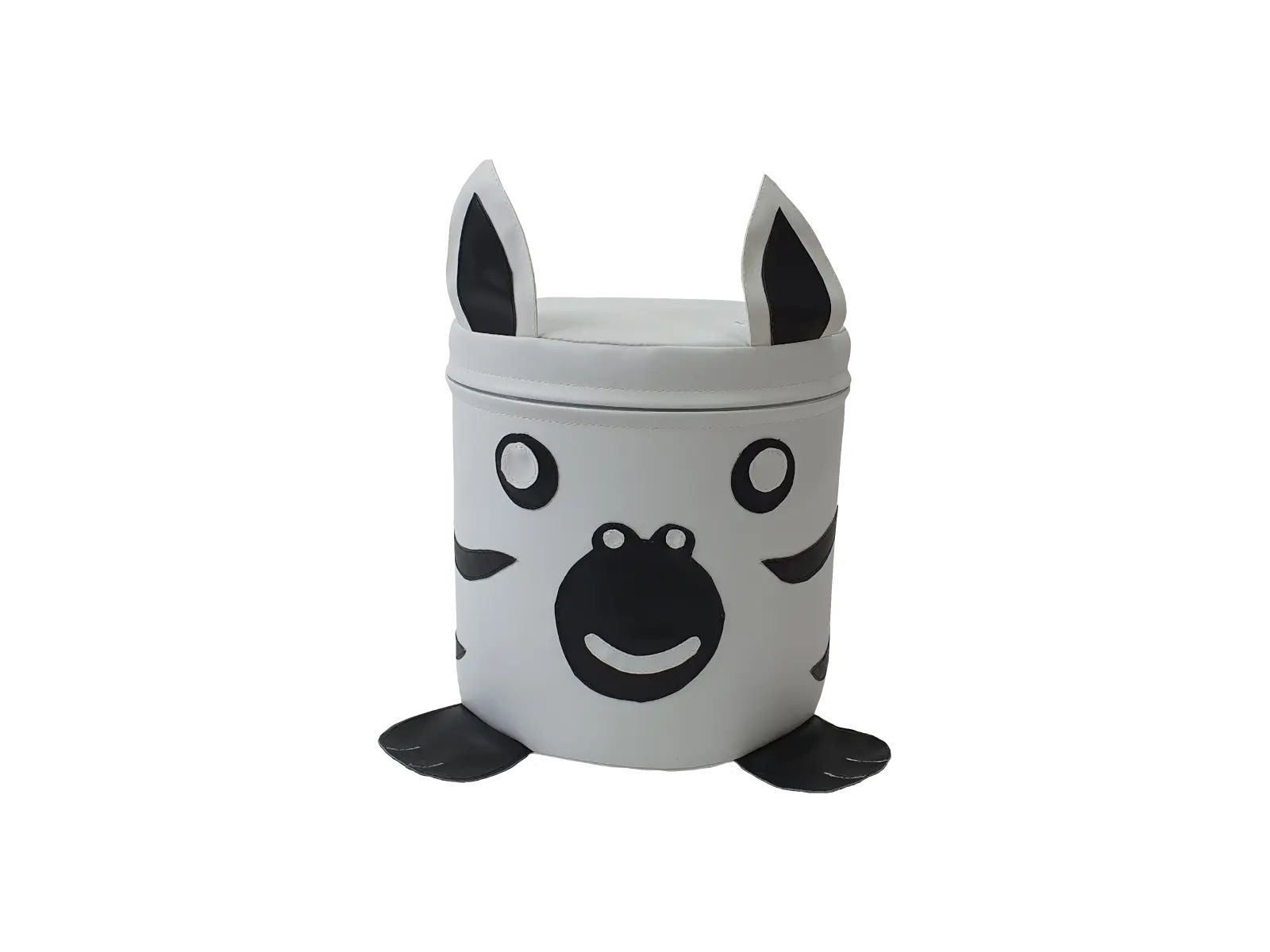 Pufa Zebra widok z przodu — pokrowiec z powłoką PCV, detal doszytych łapek i uszu, wymiary 30 × 30 cm