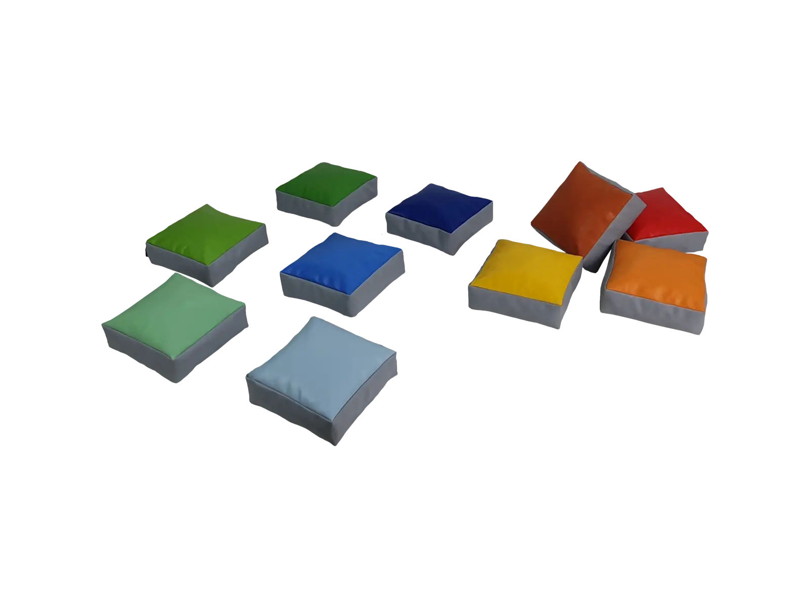 Zestaw 10 kolorowych poduszek kwadratowych 30×30×10 cm z pokrowcem z powłoką PCV, ułożone obok siebie