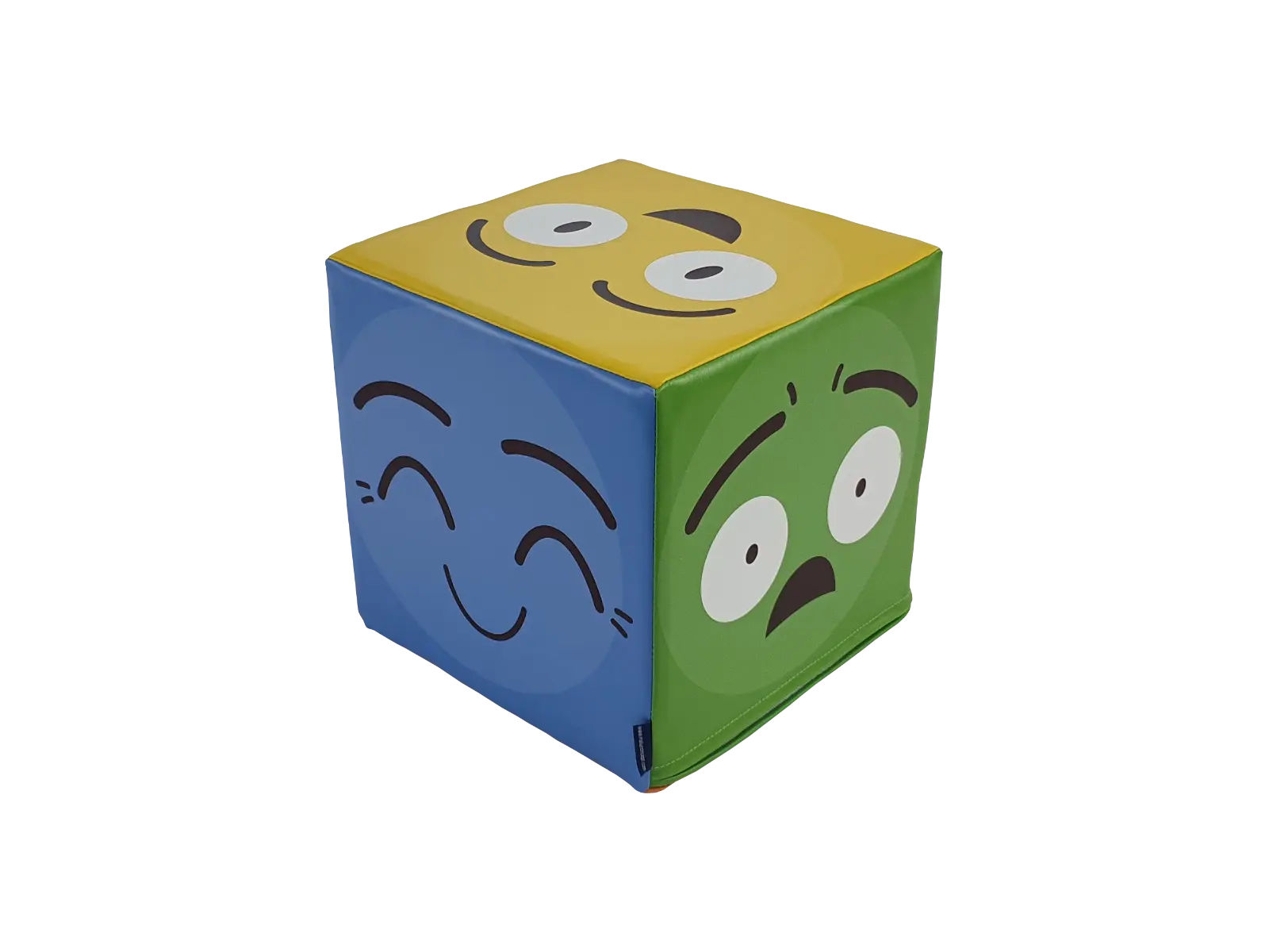 Kostka Emocje widok z przodu: kolorowe ikony emocji na bokach kostki o wymiarach 30×30×30 cm