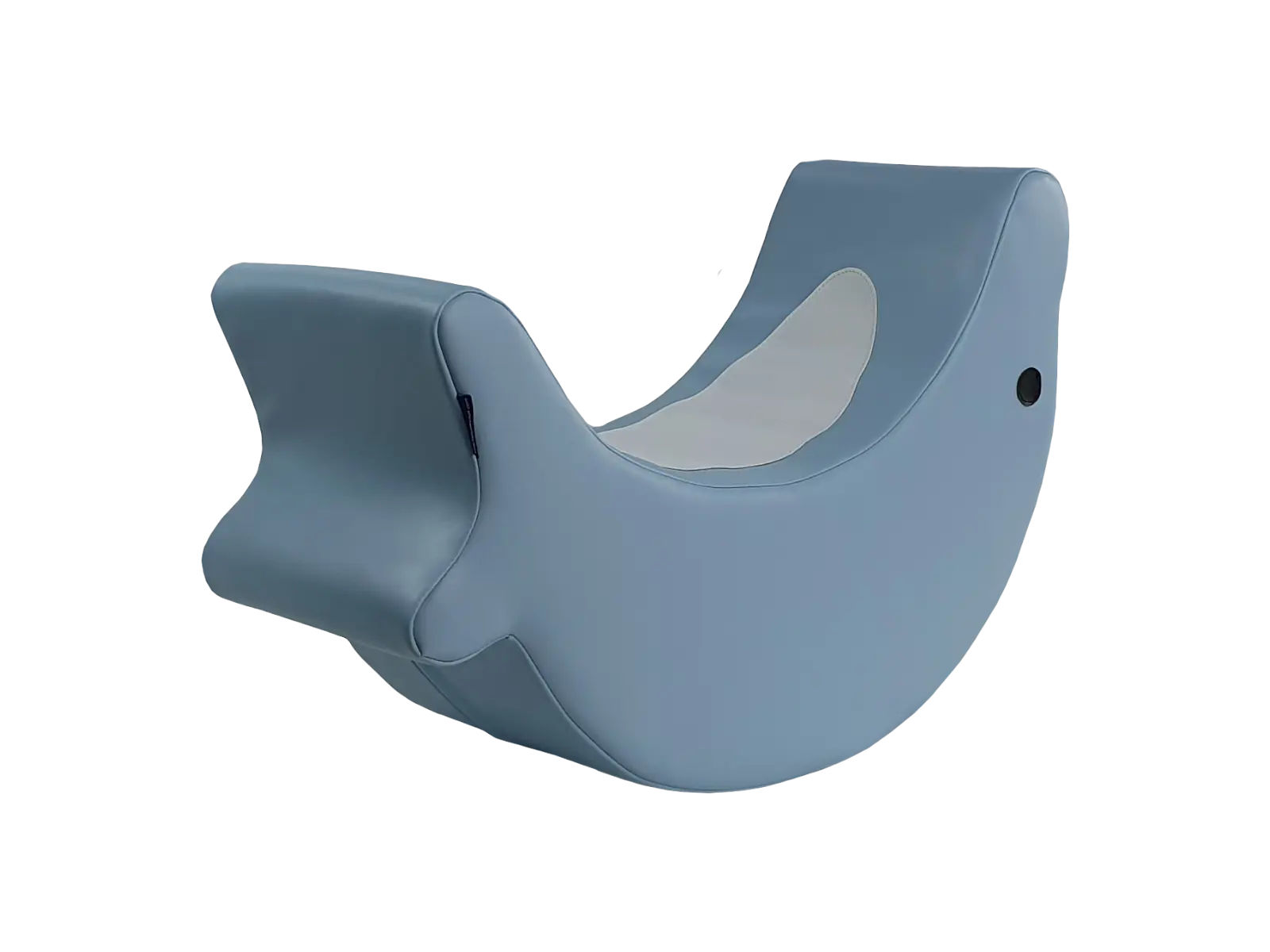 Bokowy widok piankowego bujaka delfin z zaznaczonymi wymiarami 65×25×45 cm i powłoką PCV dla wyrobów medycznych