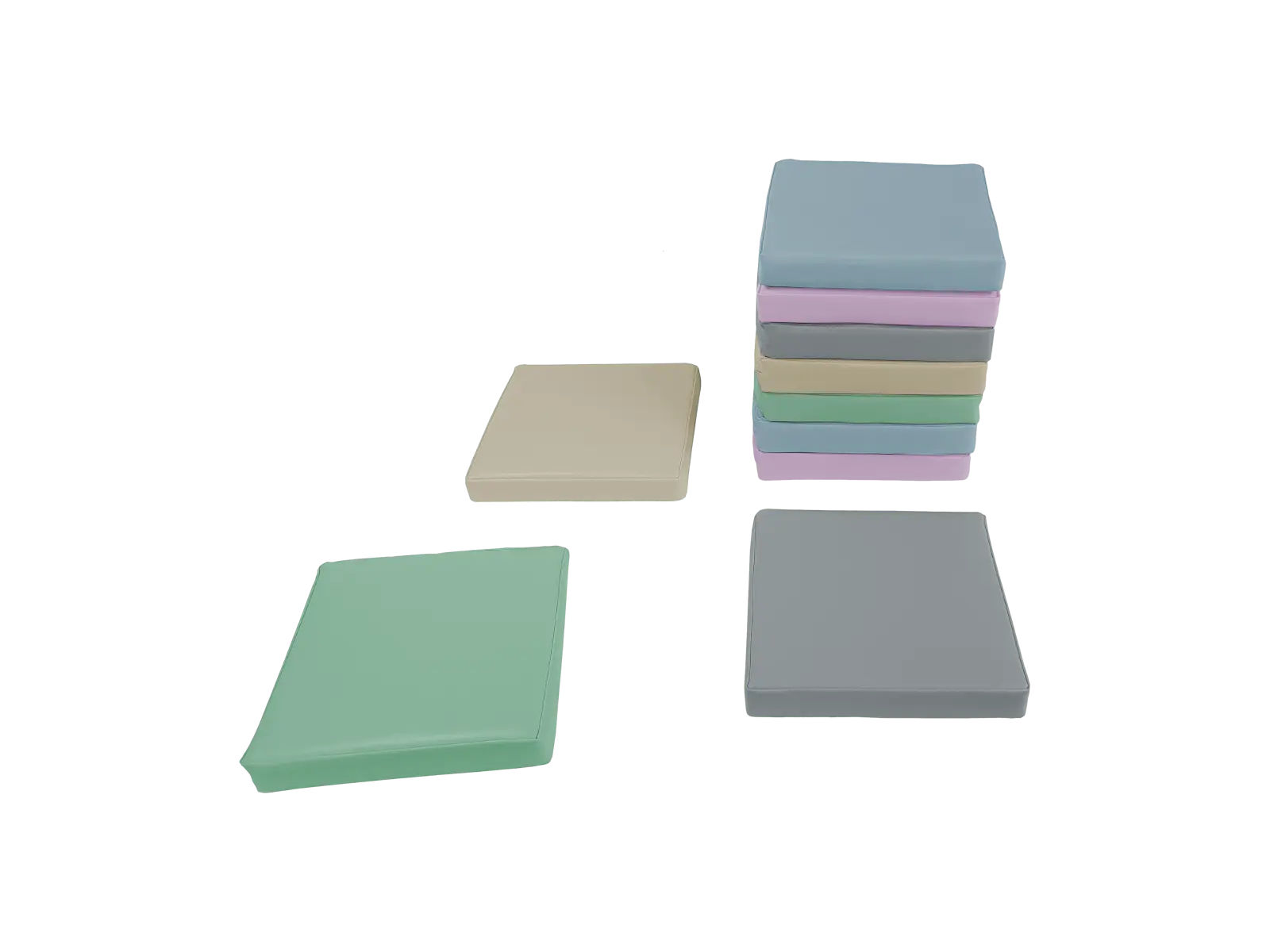 Poduszki kwadratowe w pastelowych kolorach, każdy egzemplarz 35×35×5 cm, pokazane z bliska — widoczny materiał z powłoką PCV