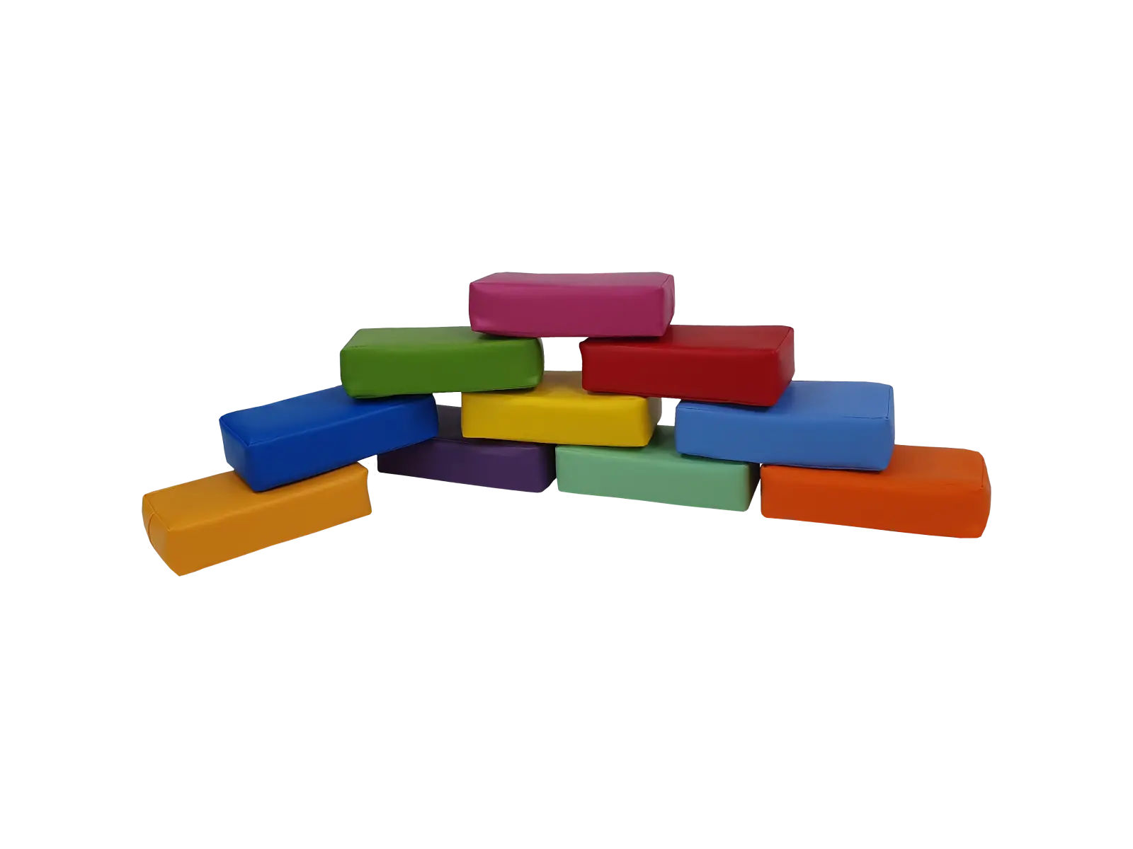 Super cegły — zestaw 10 kolorowych kształtek rehabilitacyjnych 24×12×5 cm, widok ułożonych elementów, powłoka PCV