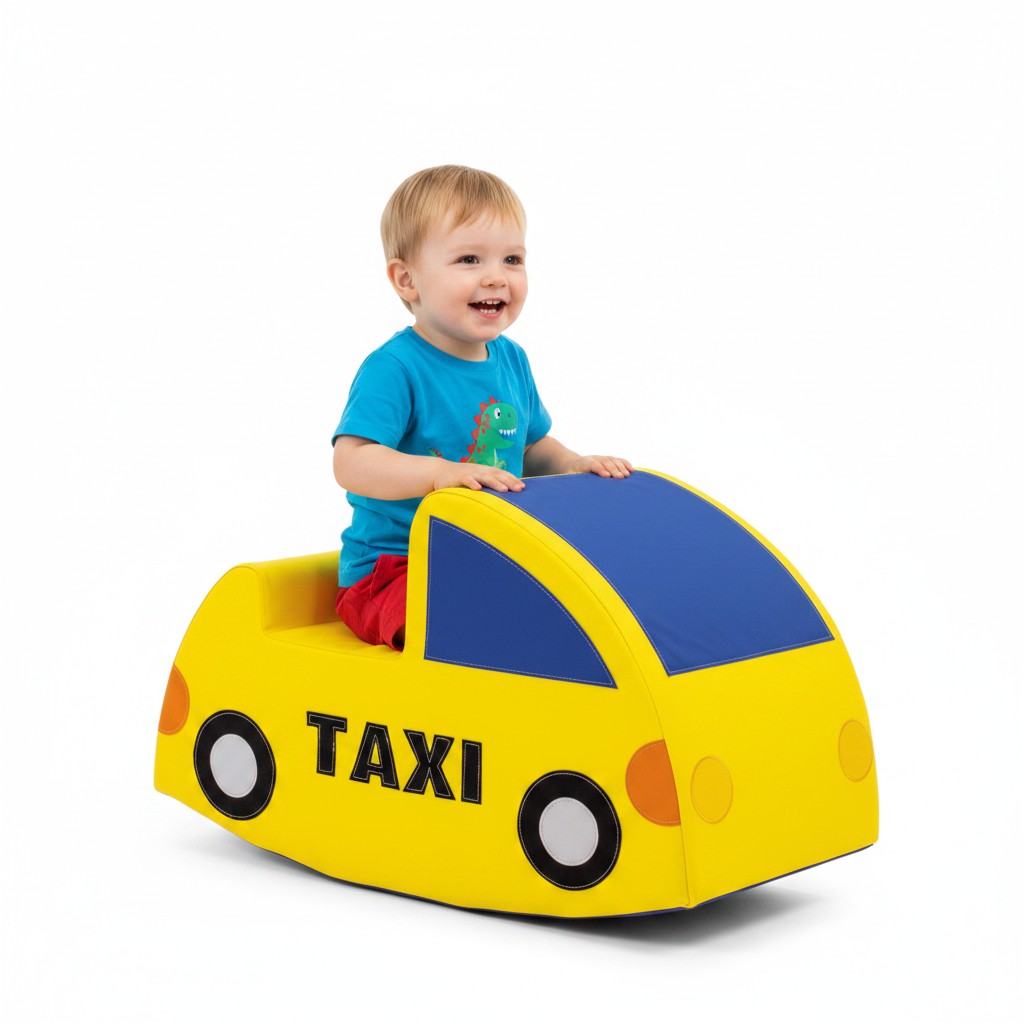 Piankowy bujak Taxi — widok z boku, kolorowy wzór, powierzchnia imitująca skórę i przyszyte elementy dekoracyjne